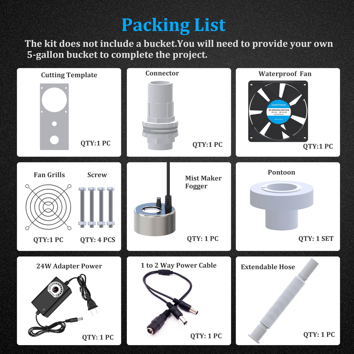 19L Large Capacity DIY Humidifier Kit - for Plants, Mushrooms, Grow Tents, Terrarium | Turns a 5 Gallon Bucket into Cool Mist Humidifier, Extendable Hose, High Output, Long Runtime (1 Fogger Kit)