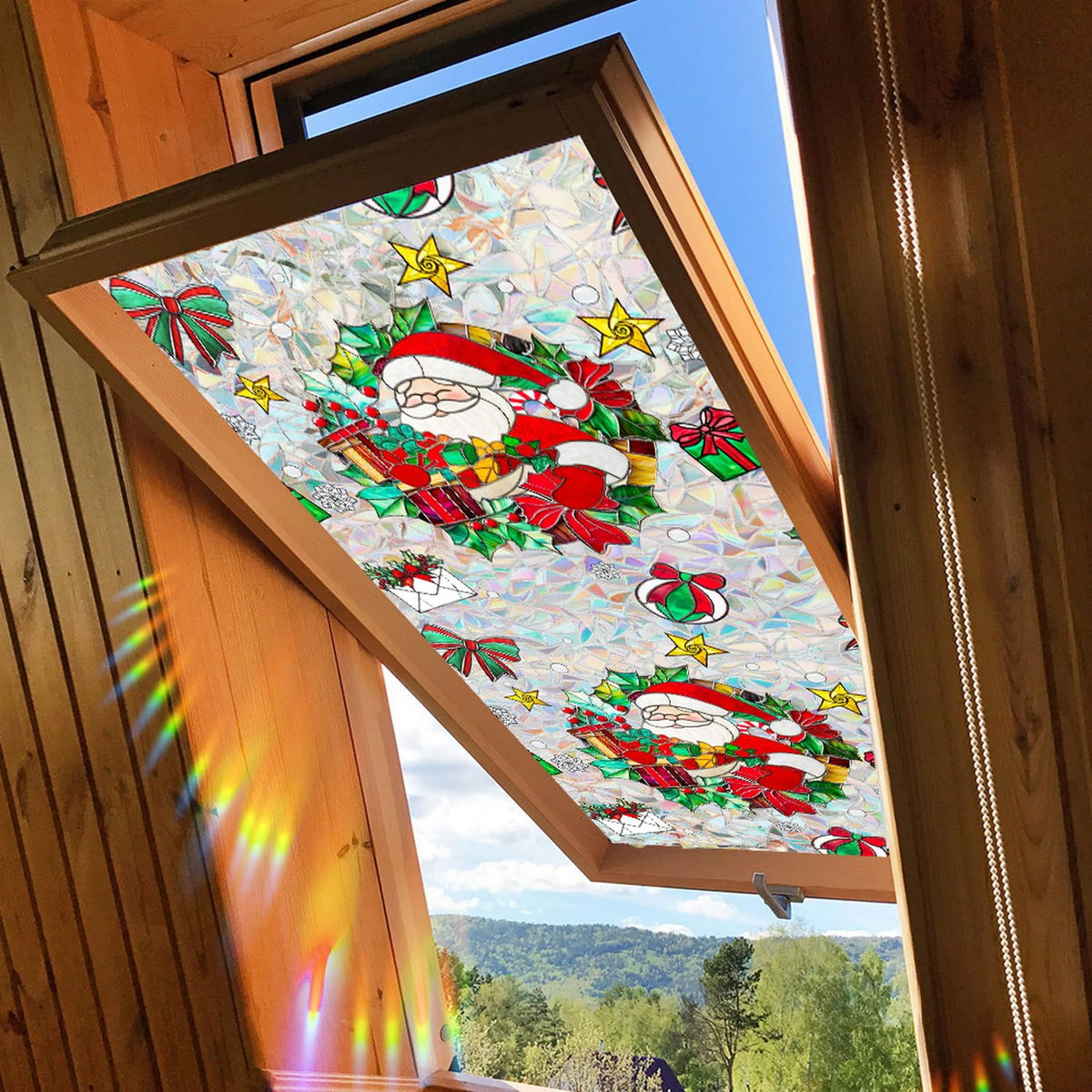 Christmas Window Stickers for Glass Rainbow Privacy Film Stained Stickers Santa Claus Window Film Christmas Balls Design Windows Decals for Home Party Supplies Glass Display Decor 17x 39.3 Inch