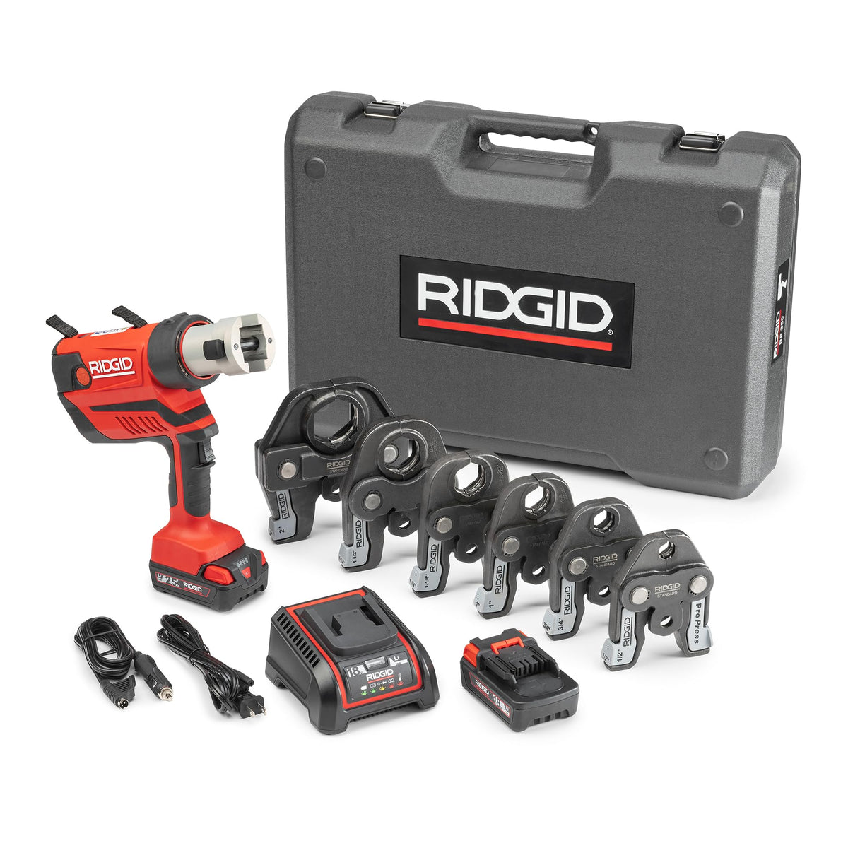 RIDGID 67053 RP 350 ProPress 8-Piece Pressing Tool Kit with 18-Volt Battery, Charger, 4 ProPress Press Tool Jaws (1/2" to 2"), and Case
