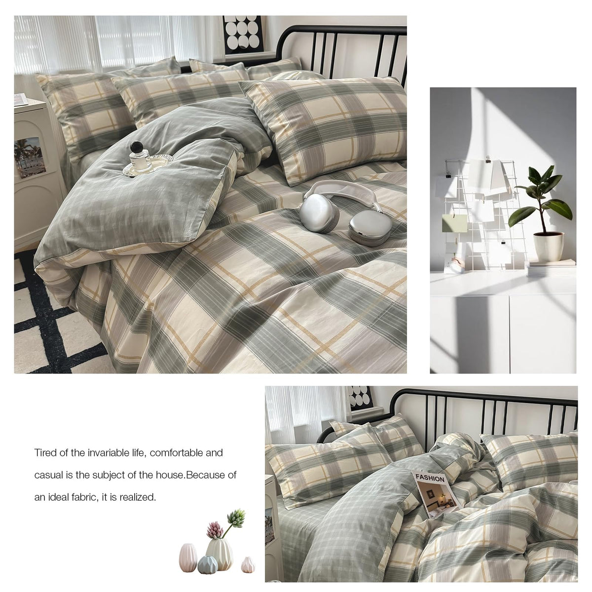 VM VOUGEMARKET Green Plaid Duvet Cover Sets Queen,3 Pieces Gingham Comforter Cover with Zipper Closure & Corner Ties for Men Boys Simple Modern Bedding Set (90"x90")
