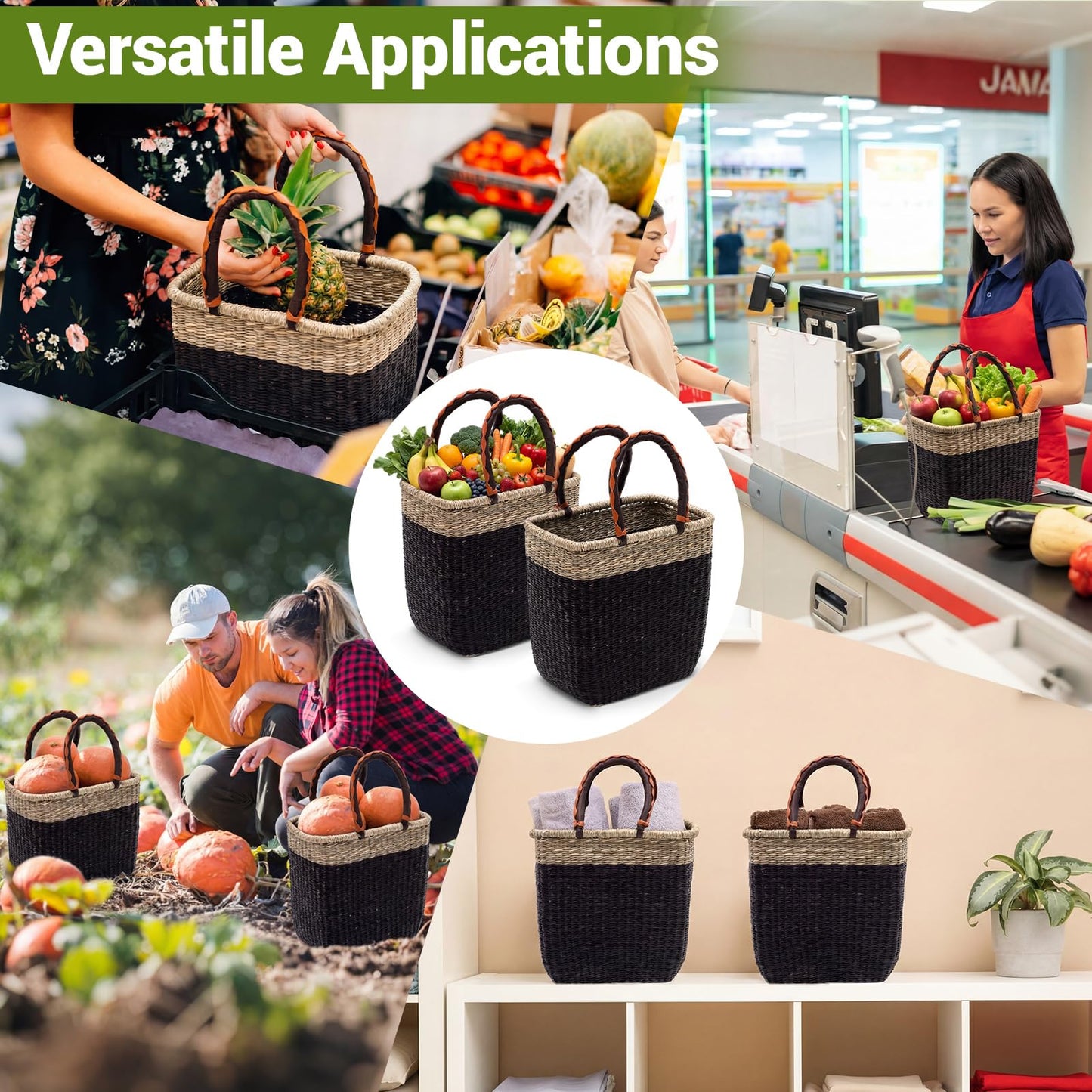 Briwooody 2 Pack Large Wicker Picnic Basket with Leather Handles Reinforced Edge & Base Multi-functional Farmer Grocery Bolga African Bag Storage for Market, Picnic, Easter, Camping, Home Organization