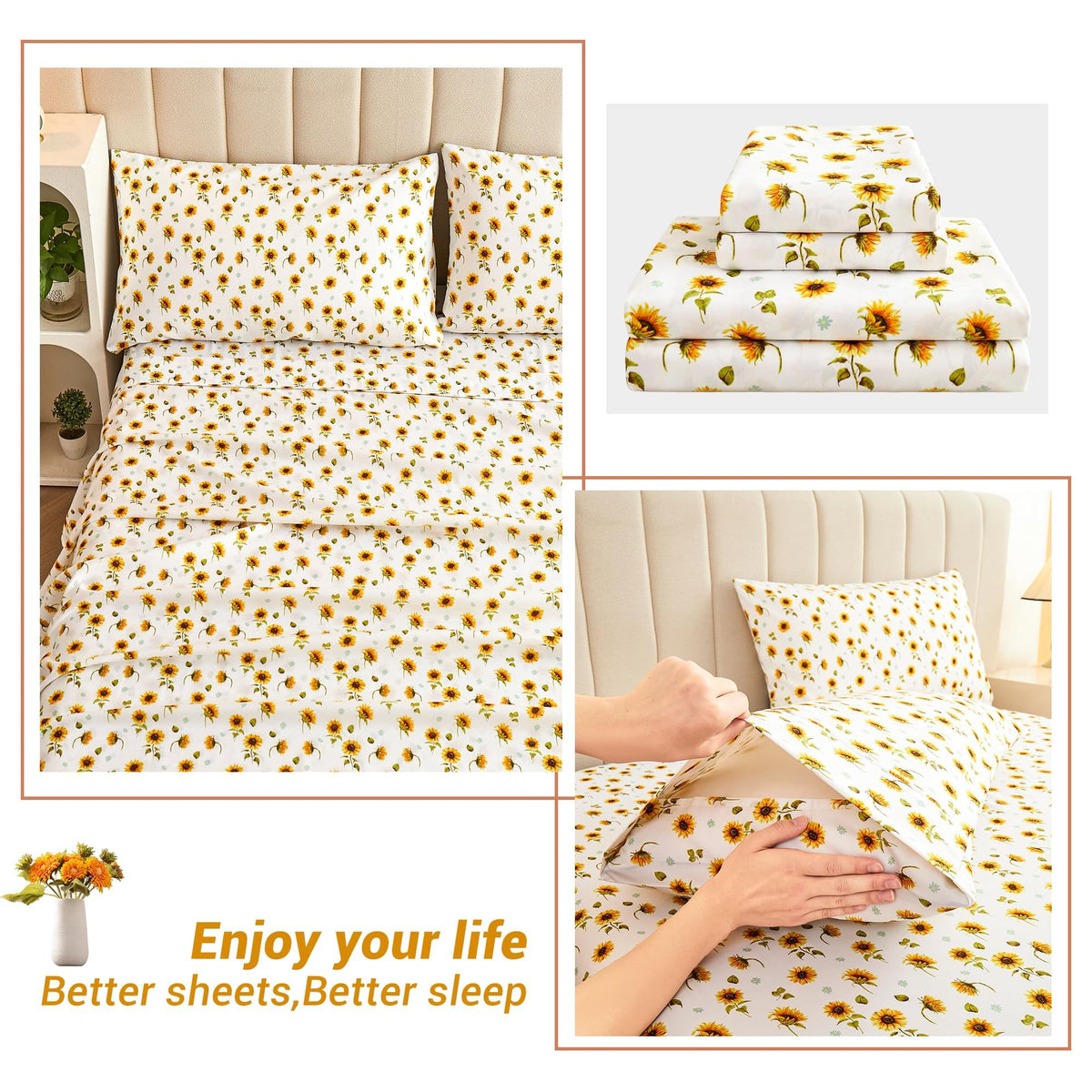 Softan Yellow Floral Sheet Set King, Sunflower Printed Bed Sheets King, Brushed Microfiber Fitted Sheet with 15" Deep Pocket & Non-Slip Straps, Yellow Flower Patterned Sheet & Pillowcase Sets