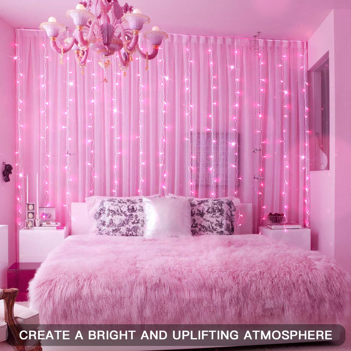 suddus Curtain Lights for Bedroom, 200 Led 6.5ft x 6.5ft Hanging String Lights Outdoor, Fairy Curtain Lights for Backdrop, Window, Wall, Wedding, Party, Garden, Porch, Birthday Decorations Pink