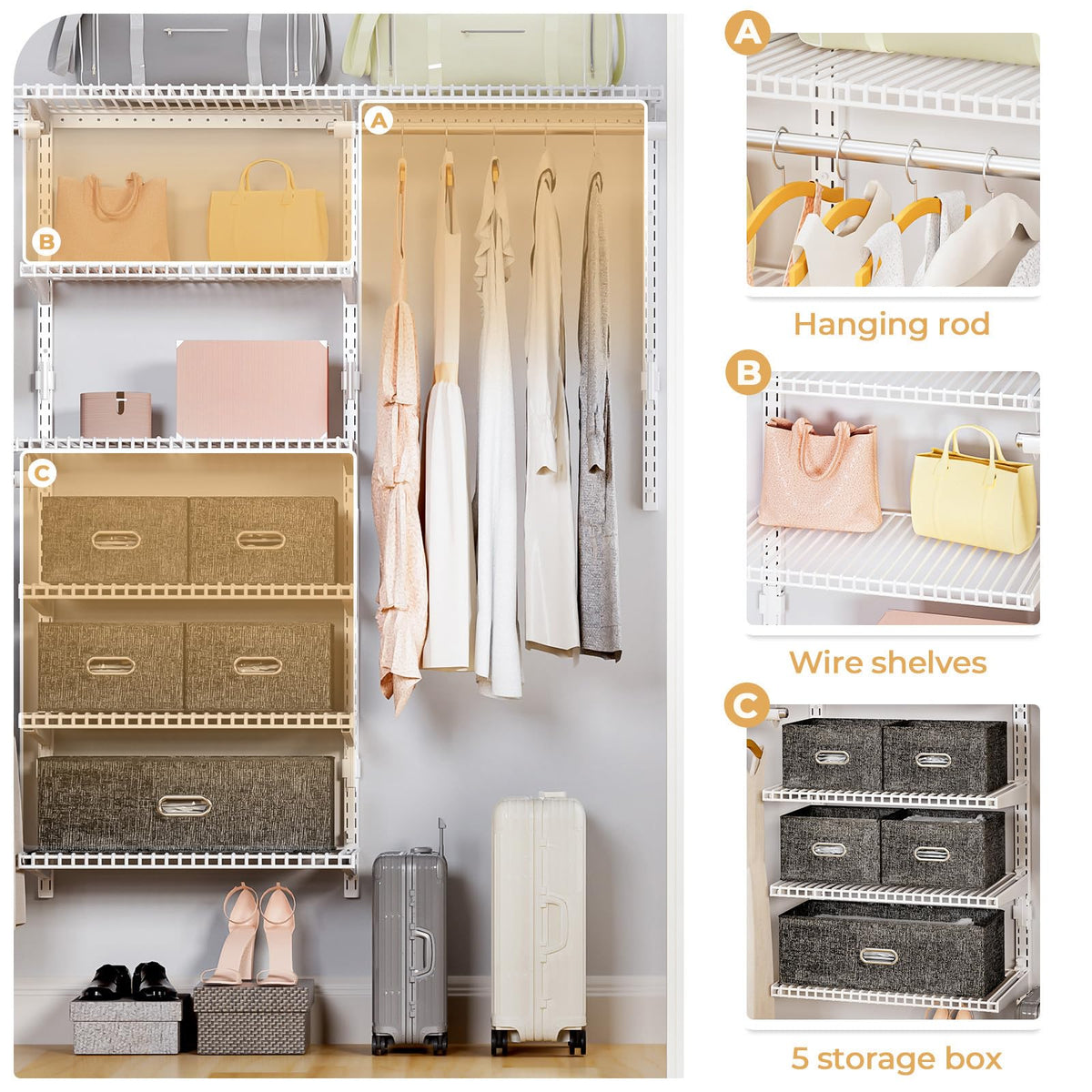 Vilaxing Wire Closet Organizer System, Wall Mounted 8.7 Ft. Custom Closet Kit for Bedrooms Laundry Mudroom Garage Basement, Adjustable Storage Shelves for Clothes Shoes Handbags