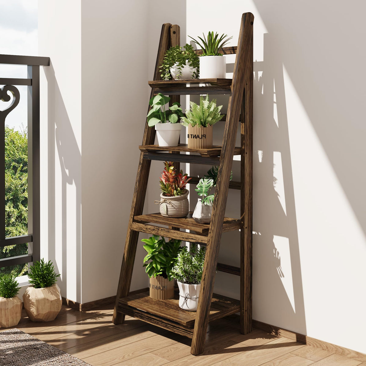 Mugovelo Ladder Shelves - Folding Wooden Ladder Bookshelf, 4-Tier Retro Plant Stand Storage Shelves for Home Living Room, Brown