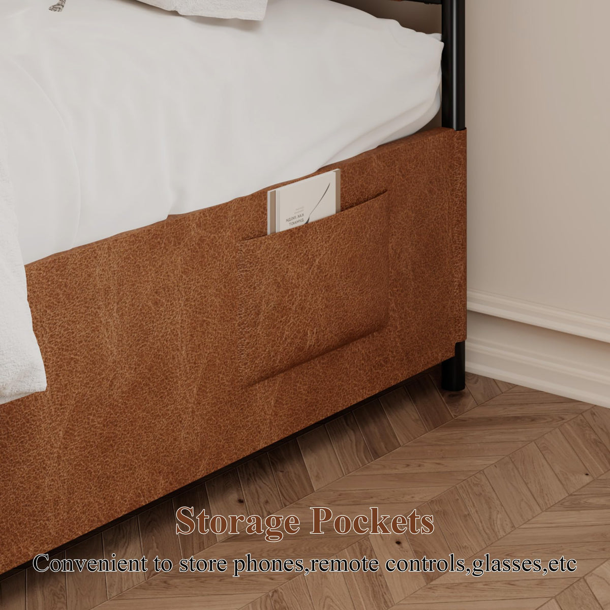 madeslves King Size Upholstered Canopy Bed Frame with Headboard, Heavy Duty Metal Slats Support, No Box Spring Needed, Easy Assembly, Brown