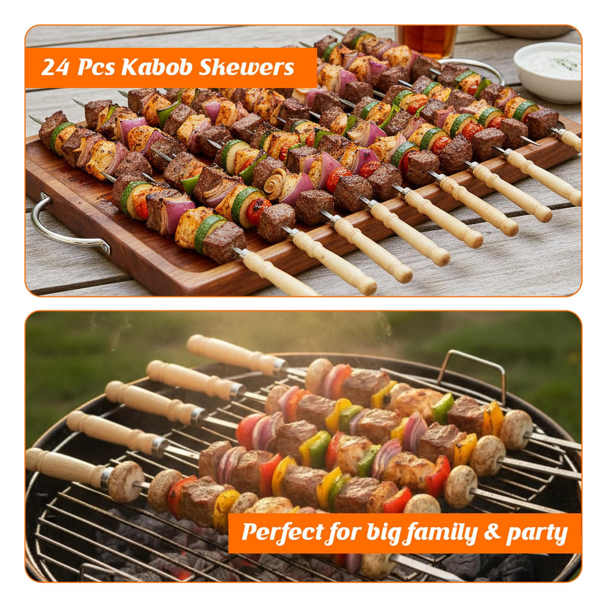 WRENYZK 24 Pcs Barbecue Skewers with Wooden Handles, Kabob Skewers for Grilling, 15.75" Stainless Steel BBQ Skewer with Basting Brush, Kabob Skewers Skewer Sticks for Camping or family
