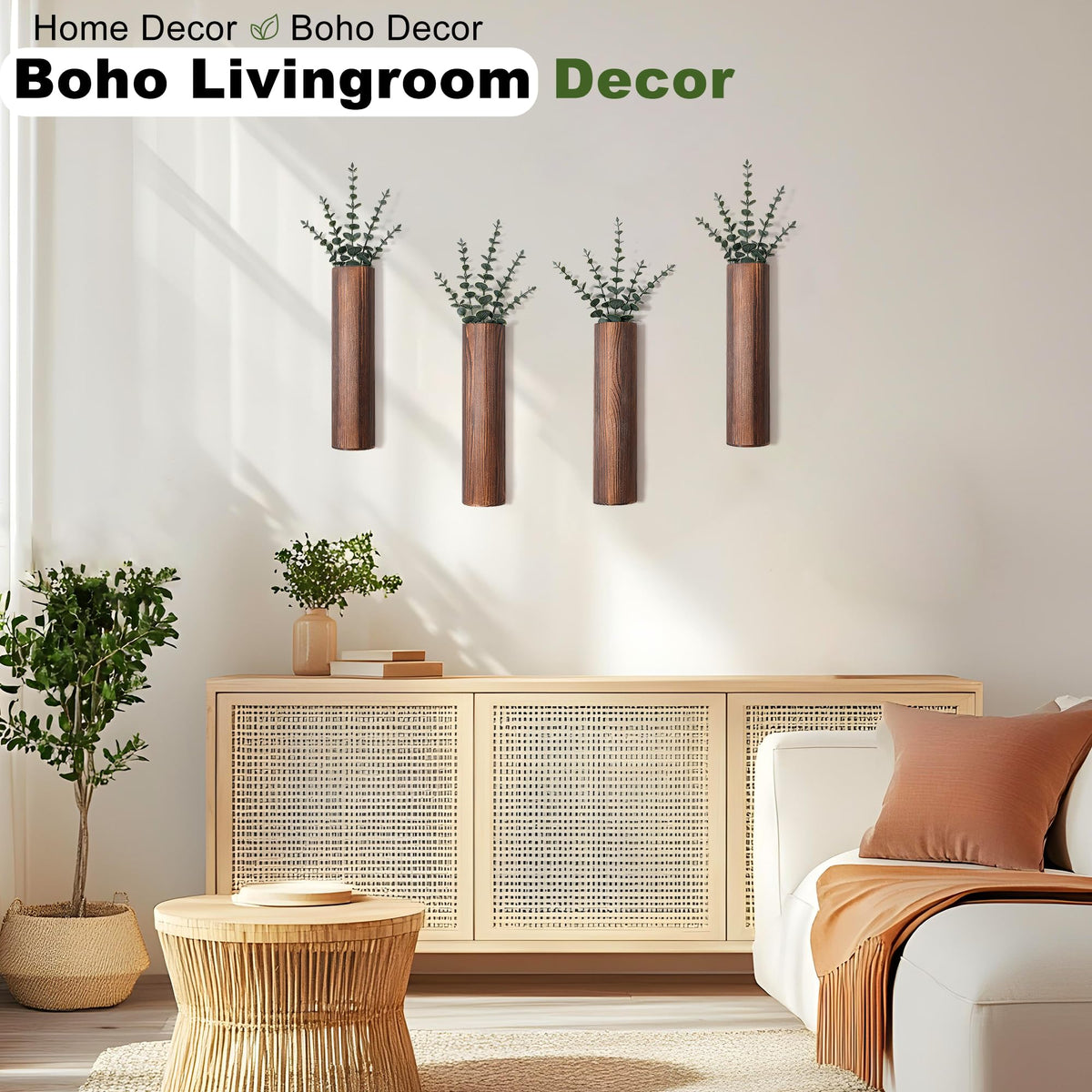Fttoyoly Wood Wall Planter with 20 pcs Artificial Eucalyptus, Modern Decor for Living Room Bedroom Bathroom Entryway, Farmhouse Boho Wall Vases for Dried Flowers and Faux Plants - 4 Pack