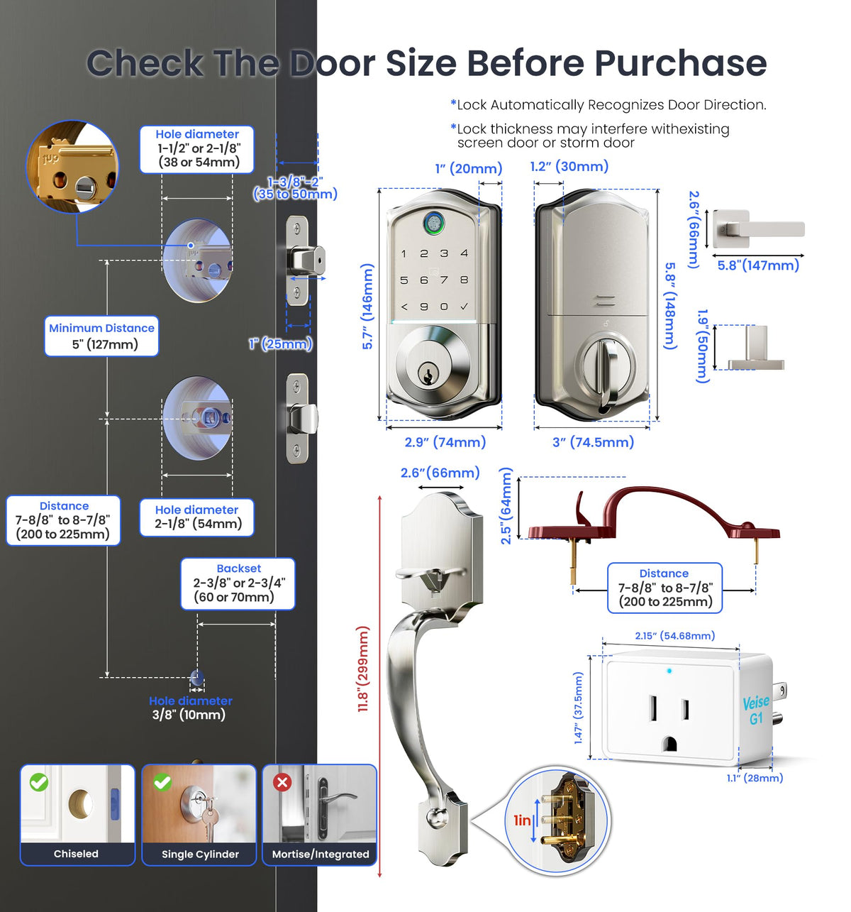 Veise VE017G-H Wi-Fi Smart Fingerprint Front Door Lock Set, Remote App Control, Keyless Entry Deadbolt with Handle, Backlit Keypad, IP55 Weatherproof, Auto Lock, Easy to Install, Satin Nickel