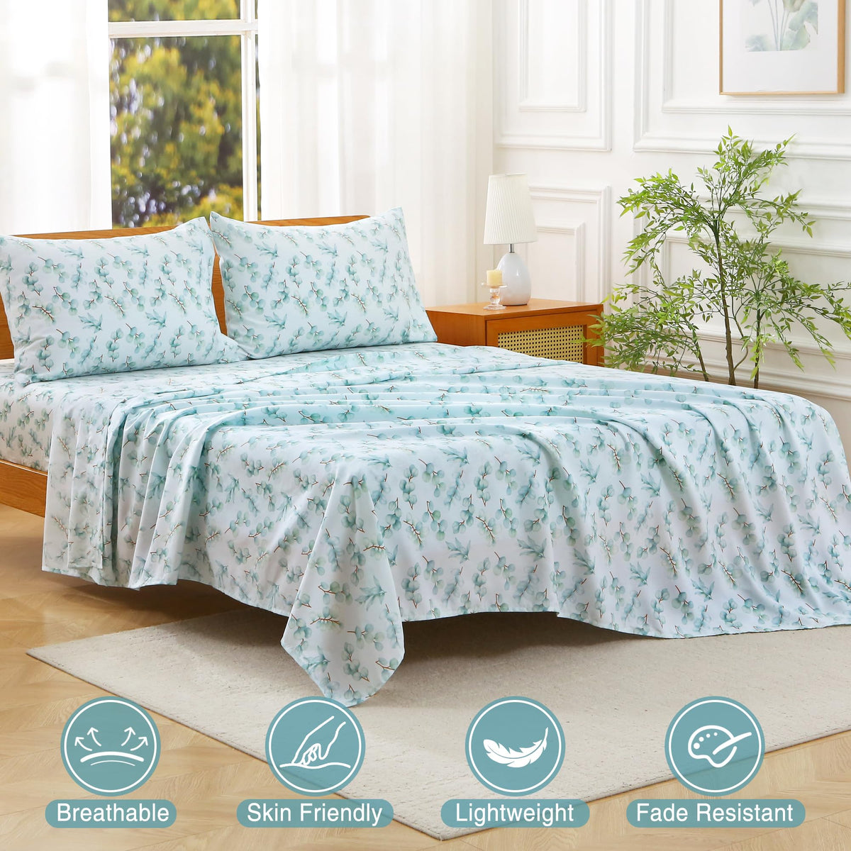 Viviland Full Bed Sheet Set - 4 Piece Double Brushed Microfiber Bedding - Deep Pocket Up to 15", Ultra Soft, Breathable & Wrinkle Resistant Skin-Friendly Cooling Sheets for Adult - Eucalyptus Dew(F)