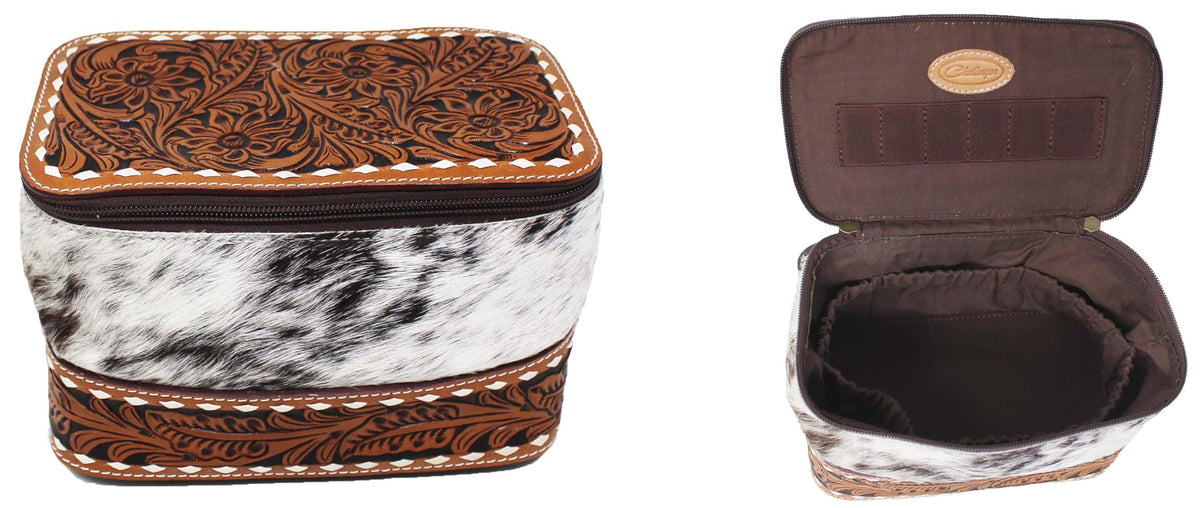 CHALLENGER Western Floral Tooled Buckstitch Leather Cowhide Travel Toiletry Dopp Kit Train Bag 18FKT19