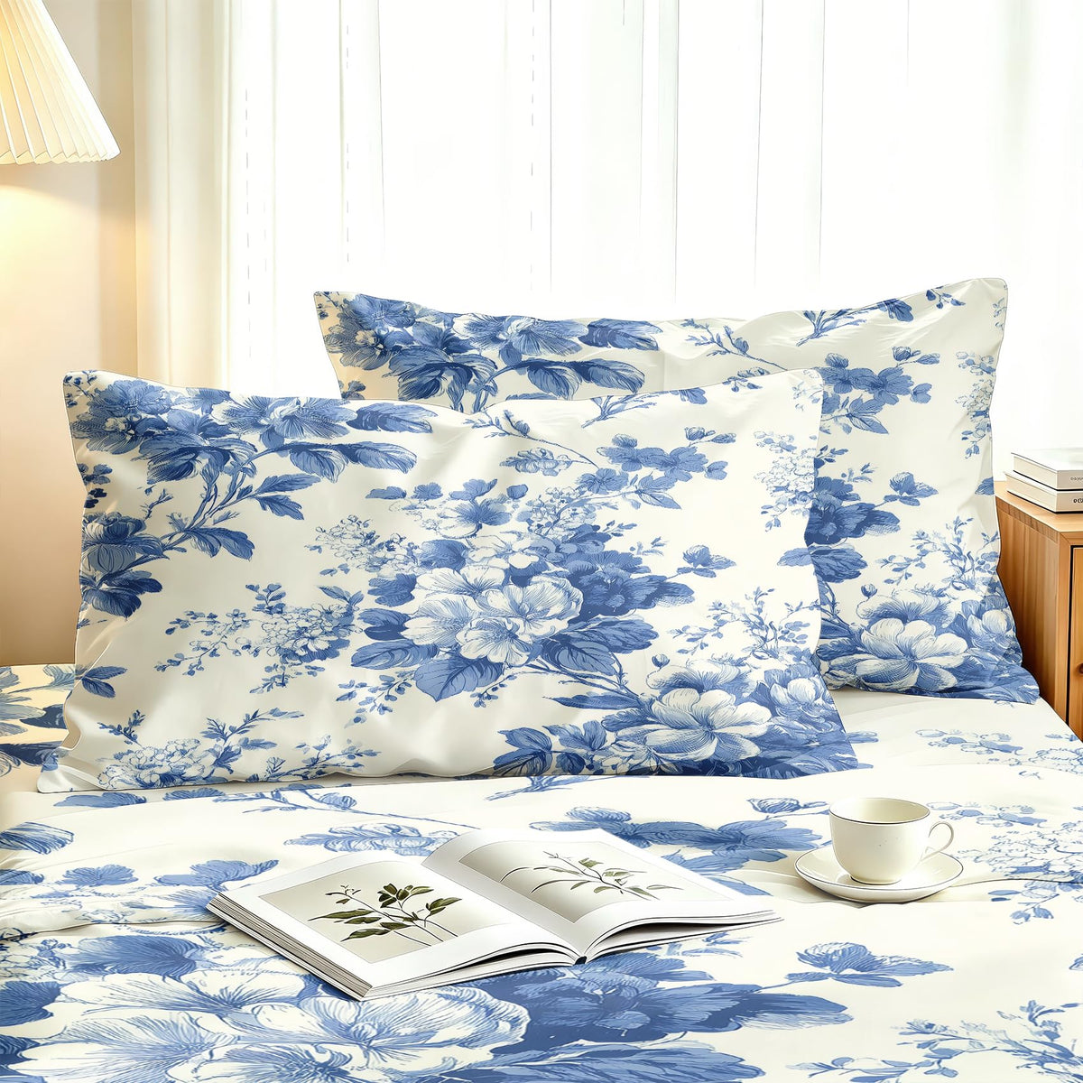 Blue White Floral California King Sheet Set 4 Pcs Chinoiserie Bed Sheets
