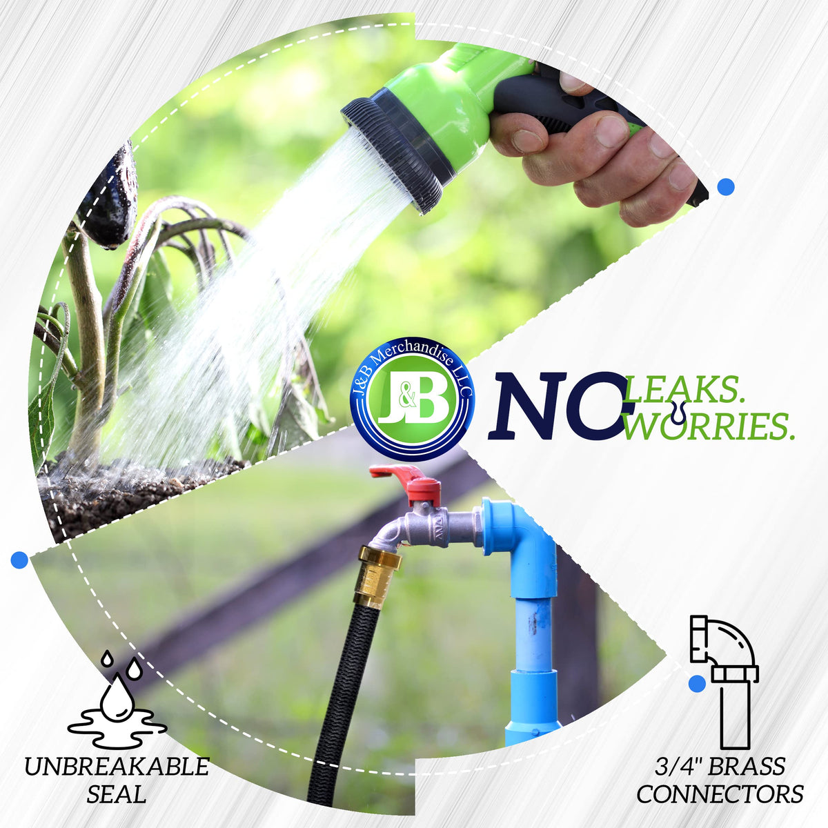 J&B XpandaHose 150ft Expandable Garden Hose – Ultra-Strong 3750D, 4-Layer Latex Core, Brass 3/4" Connectors, 10-Pattern Nozzle & Storage Bag – Lightweight, Kink-Reducing, Leak-Resistant