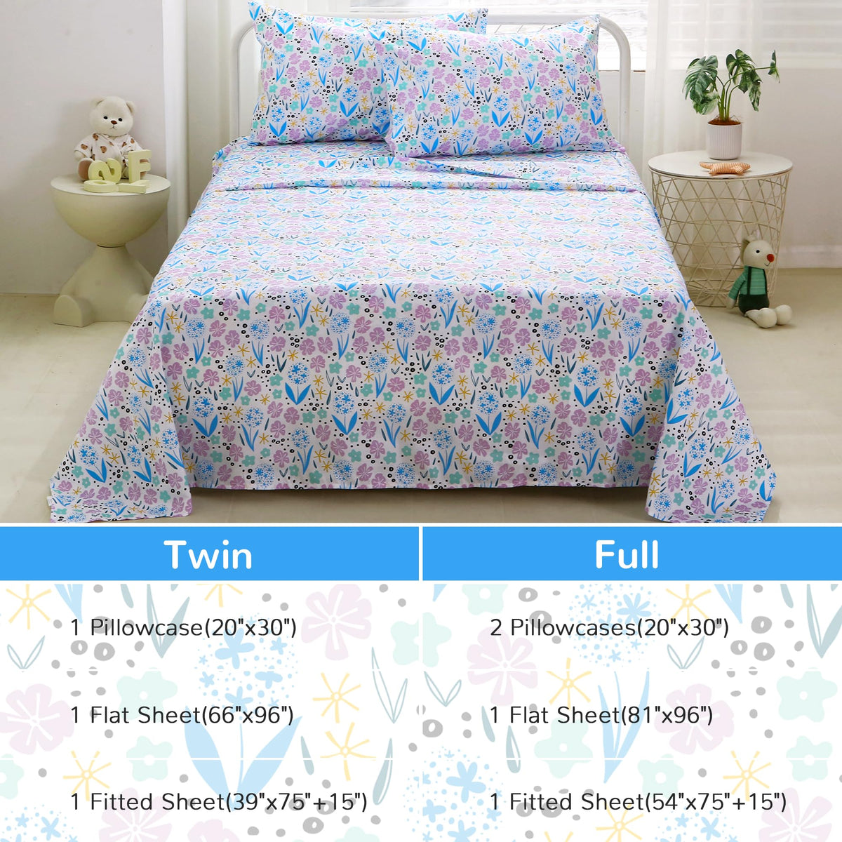 Viviland 3 Pieces Girls Purple Floral Twin Sheet Set - Soft Microfiber Fitted Flat Sheets & Pillowcase - Purple Colorful Flower Print Bedding Sets - for Kids & Toddlers