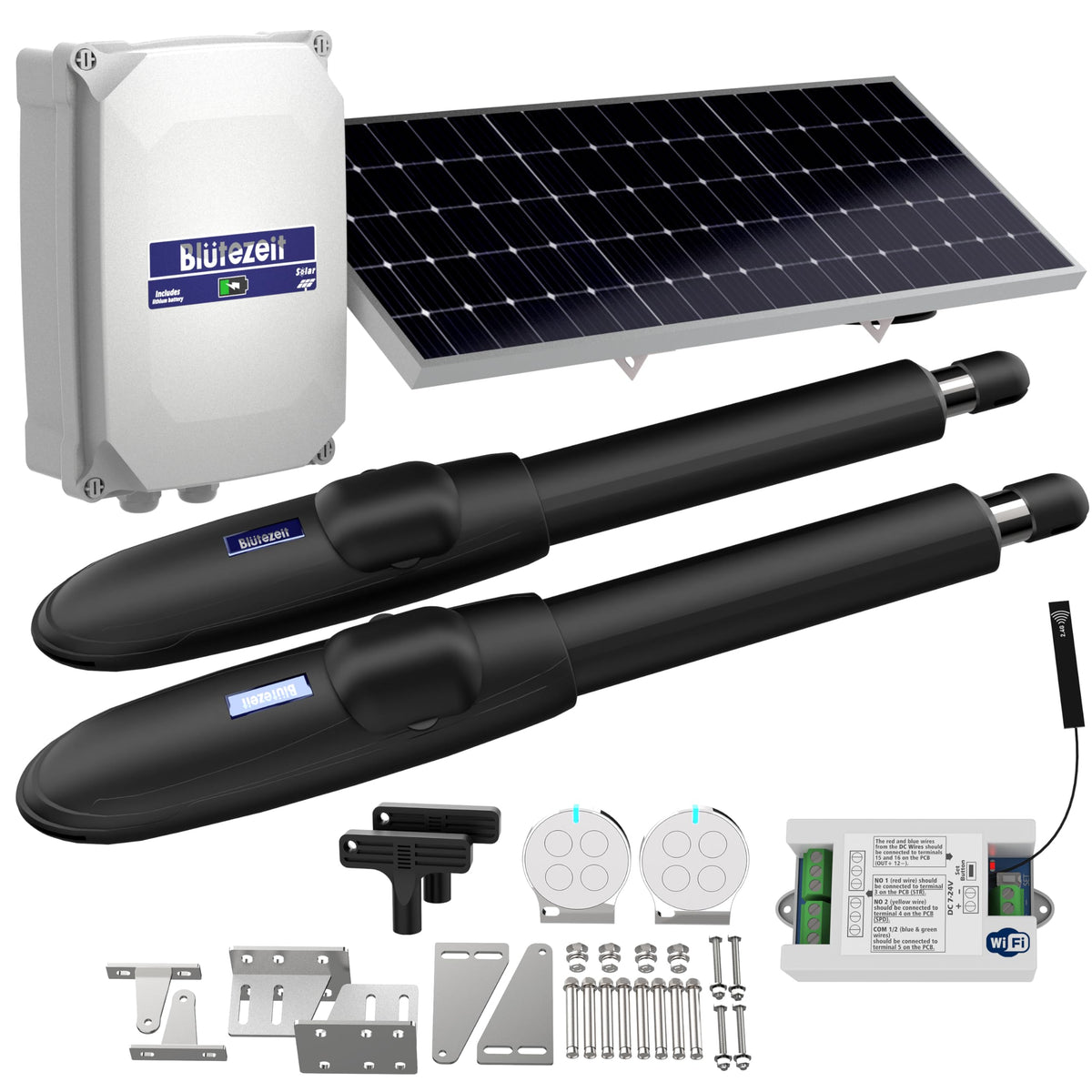 Blütezeit MS650 Solar Dual-Arm Swing Gate Opener with WiFi Module – 1760lb Gate Capacity, Smart App Control, Alexa/Google/Siri Compatible, 2.4GHz WiFi, Solar Powered