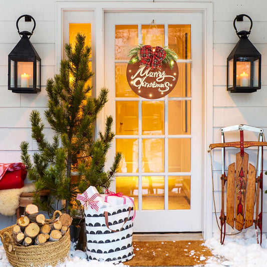 HOMCDALY Merry Christmas Sign for Front Door, Wooden Hanging Sign Door Decoration with 12 LED Light, Winter Welcome Wreath indoor outdoor Décor, Christmas Decoration.