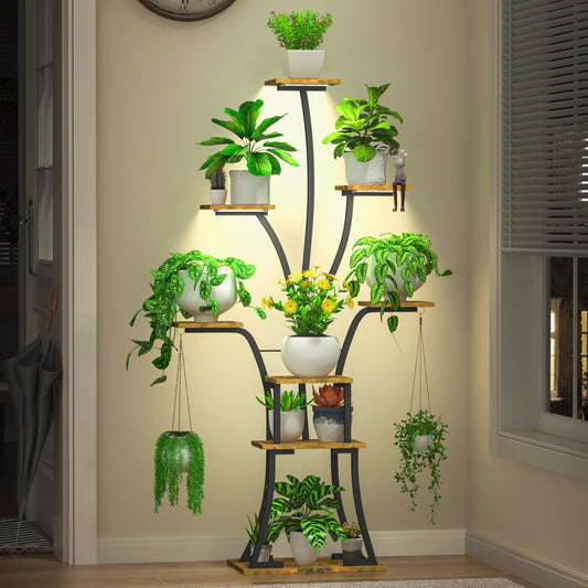YIIHEERR 64" Tall 8 Tiered Plant Stand Indoor with Grow lights Large Tree Shape Decorative Rack Plant Pot Holder Gardening for Living Room Corner Black