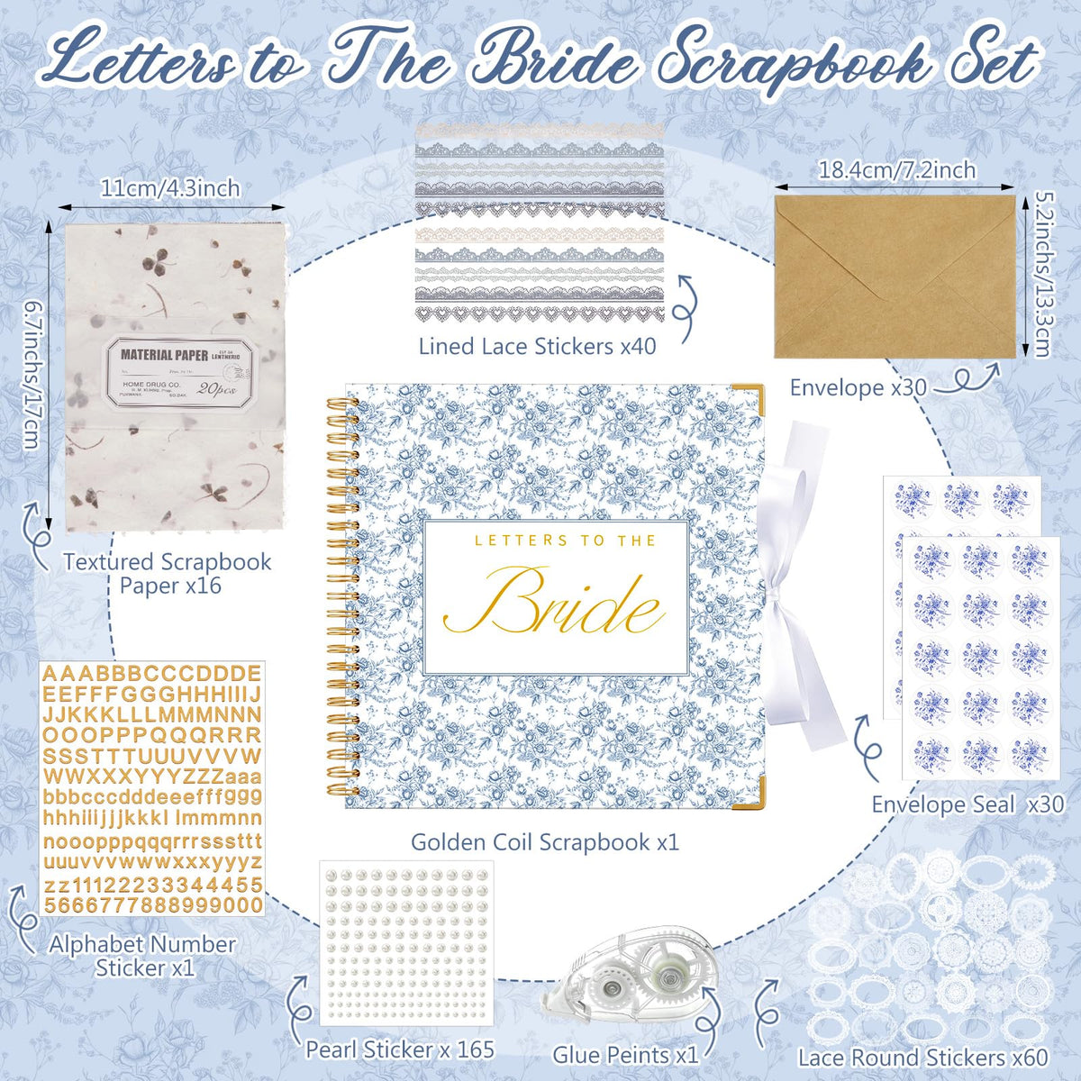 Humyoun Wedding Guest Book Letters to The Bride Scrapbook Wedding Memory Book Bridal DIY Blank Paper Scrapbook Photo Album Guest Sign with Pearl Stickers(12 x 12 Inch,Floral,Blue)