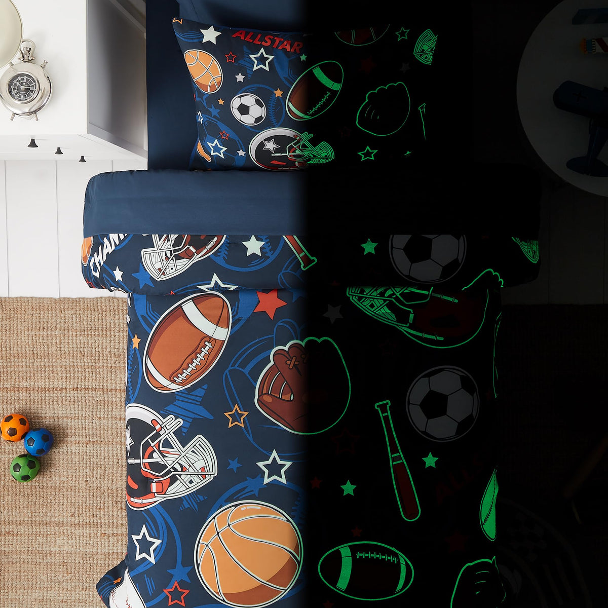 Kaleido Space Twin Kids Comforter Set - 5 Pieces Twin Bedding Sets for Boys Teen, Glow in The Dark Sports Ball Games Bed in A Bag with Sheets