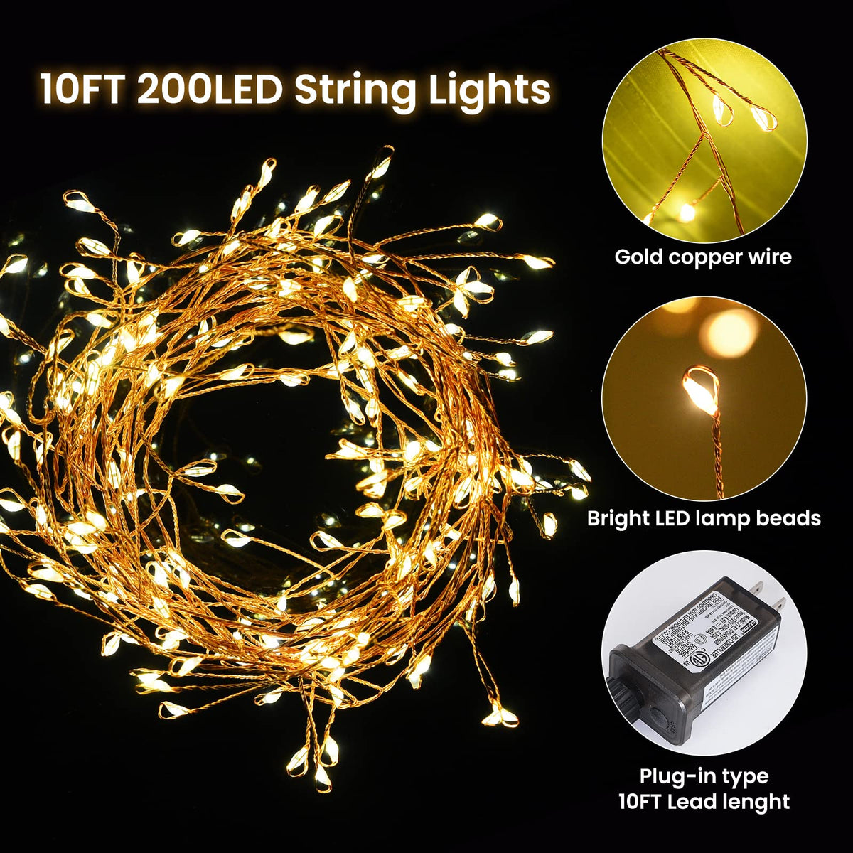 Dailyart Fairy Lights Plug in, 200 Led Twinkle String Light with Remote 10Ft 8 Modes Warm Cluster Lights with Timer for Bedroom Wreath Party Window Wedding Christmas Tree Decoration Gold Wire
