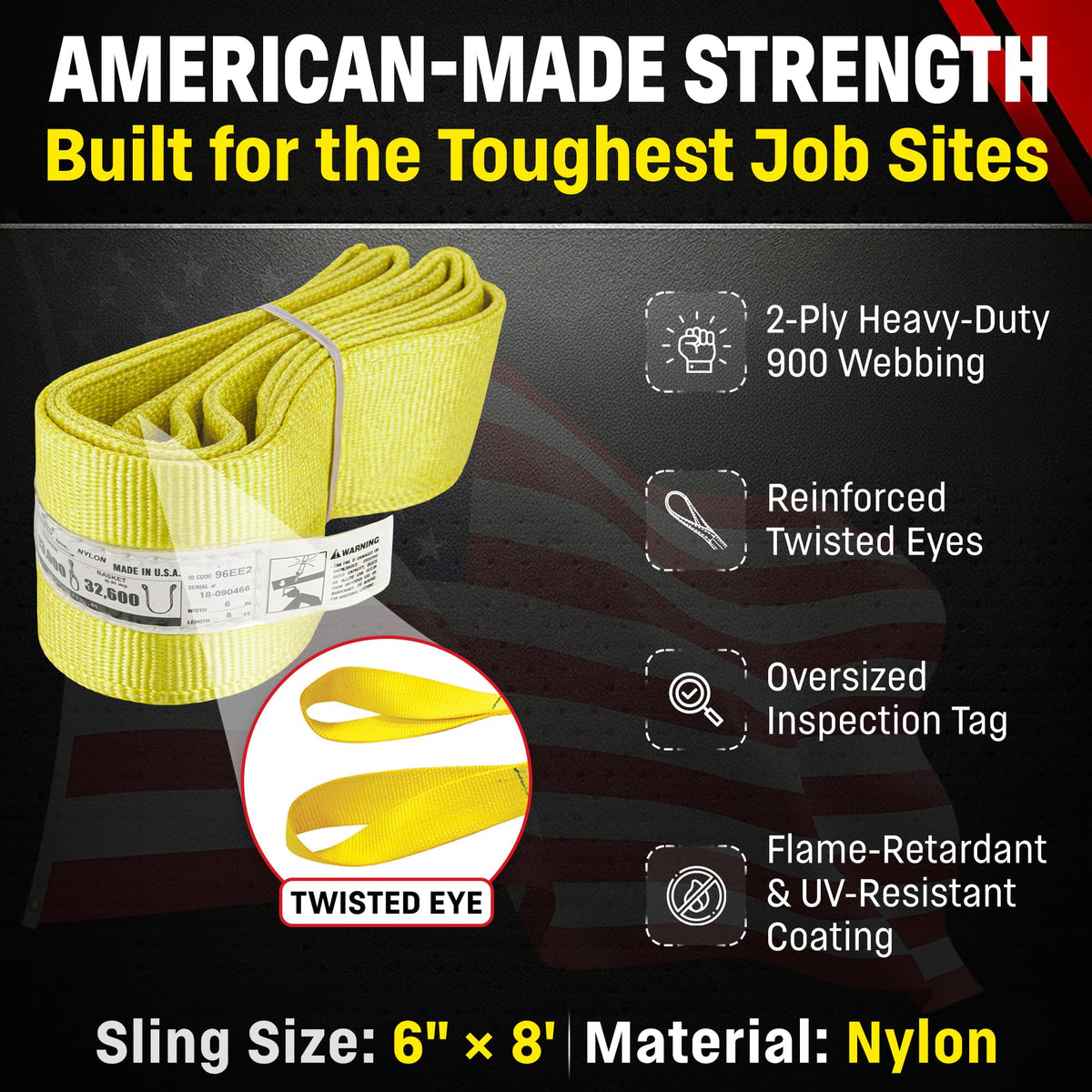 DD Sling 6 Inch x 8 Foot Nylon Lifting Sling – USA Made, 16,300 lb Vertical, 13,000 lb Choker, 32,600 lb Basket – 2-Ply Heavy Duty 900 Webbing, Type 4 Twisted Eye & Eye Rigging Sling