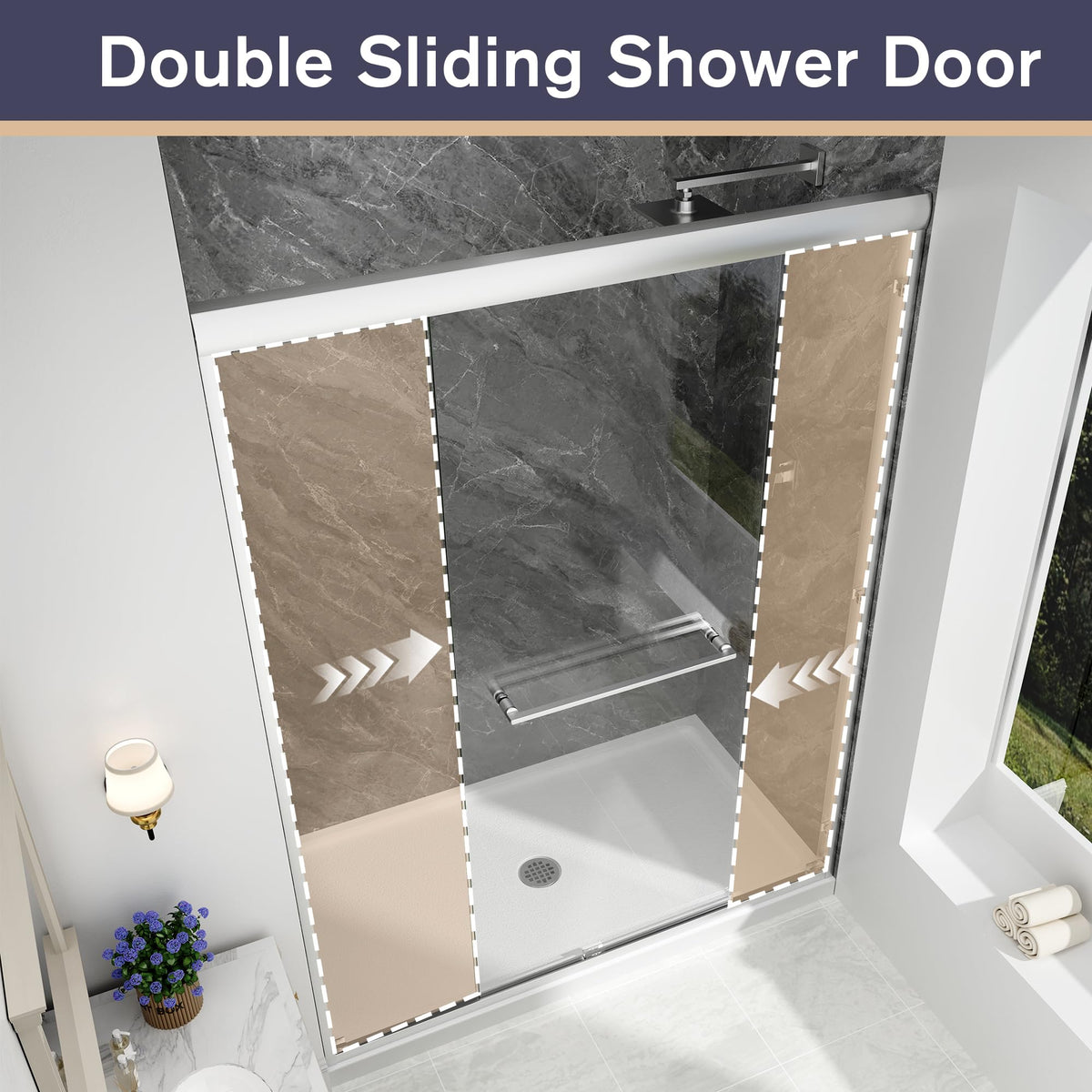 EASYWORC Double Sliding Shower Door, 55"-60" W x 70" H Semi-Frameless Glass Shower Door, 1/4'' (6mm) Clear SGCC Tempered Glass with Explosion-Proof Film and Nano Coating, Brushed Nickel