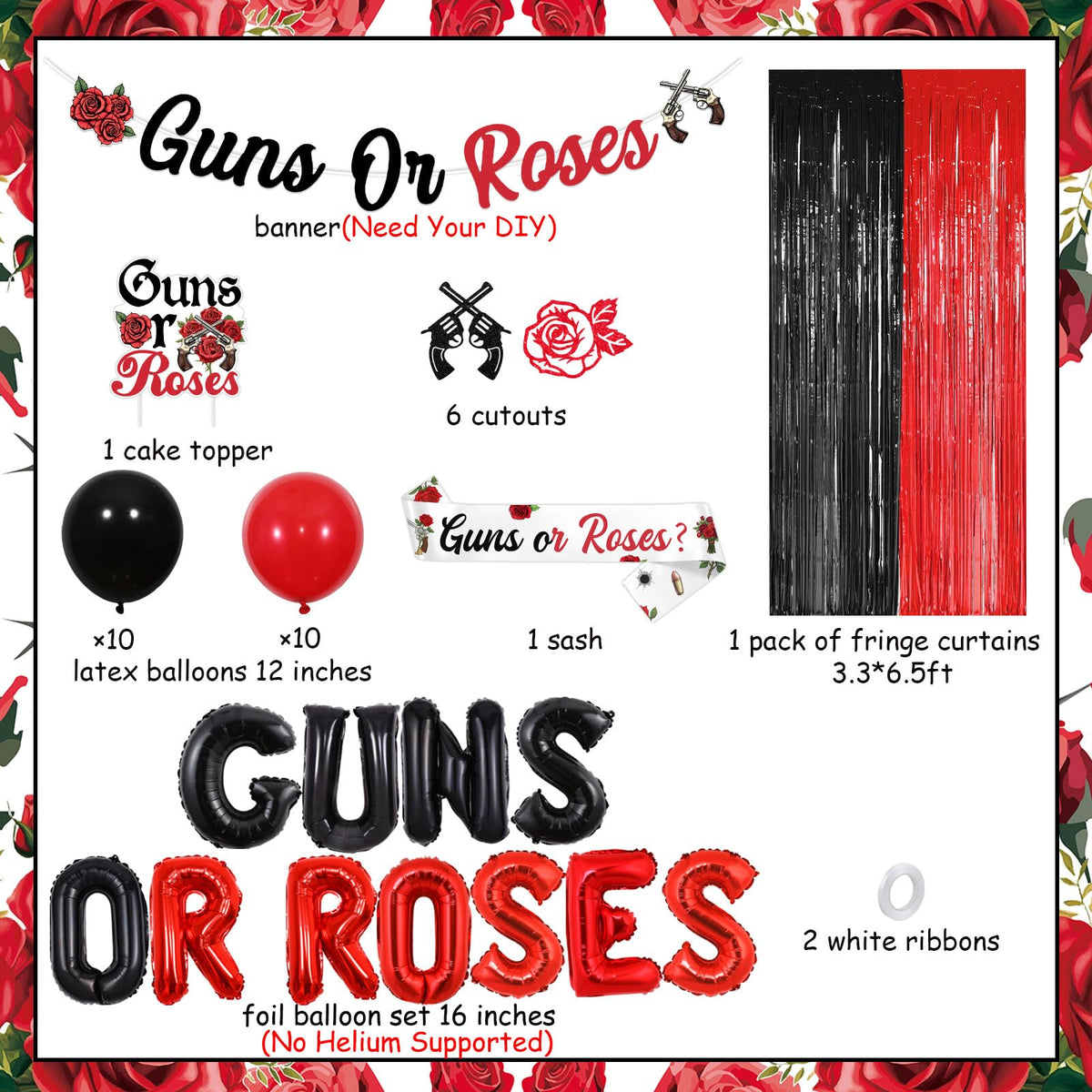 Wonmelody Guns Or Roses Gender Reveal Decorations Red Black Guns Or Roses Banner Cake Topper Balloon Sash Fringes Card Set Gender Reveal Theme Kit for Expecting Parents