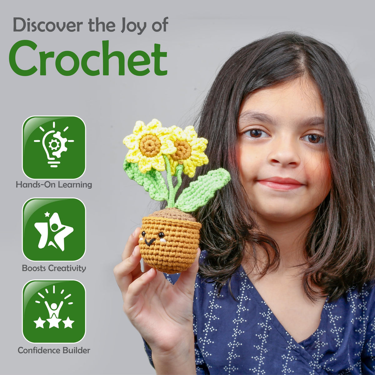 A-URA Learn to Crochet Kit for Beginners Kids and Adults, Premium Pattern Sunflower Beginner Crochet Kits with Easy Tube Yarn & Step-by-Step Video Tutorials