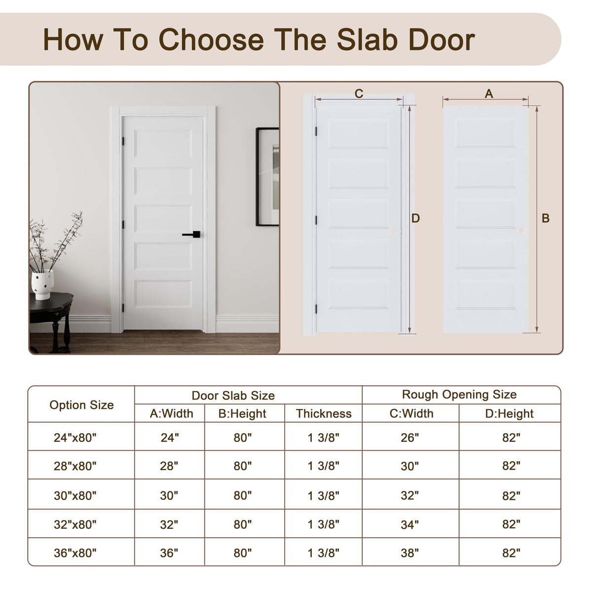 JUBEST 36"x80" Right-Hand Prehung Interior Door with Knock Down Jamb Kit & Matte Black Hinges, 5-Panel White Primed Hollow Core Molded Door Slab with Bore & Hinge Cutout, Durable & Sturdy, No Handle
