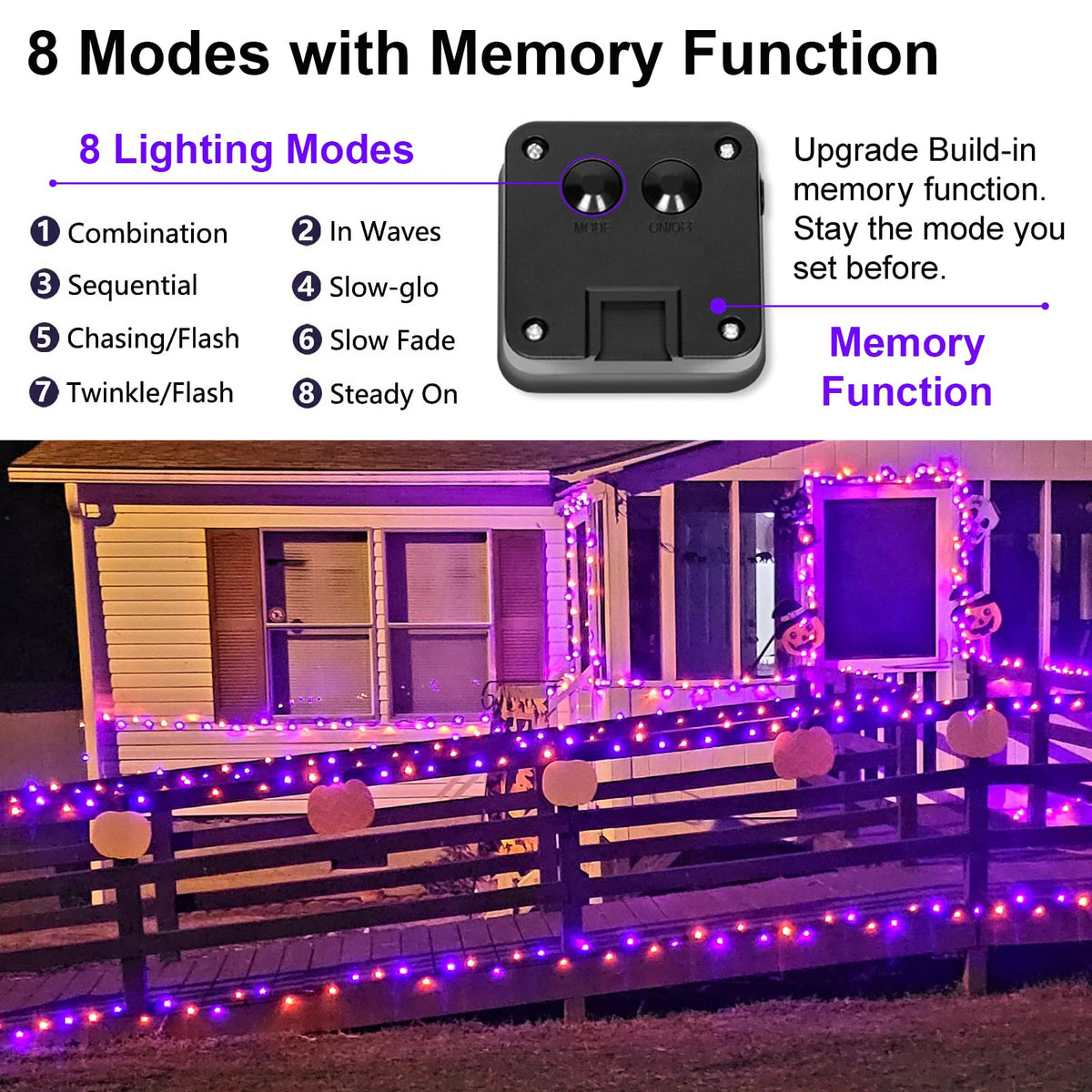 YAOZHOU Halloween Decorations Outdoor Lights, Solar String Lights Purple Orange IP67 Waterproof 2 Pack Total 200 LED 66FT 8 Modes Fairy Lights, Outside Fall Decor for Tree, Garden, Patio, Fence, Lawn