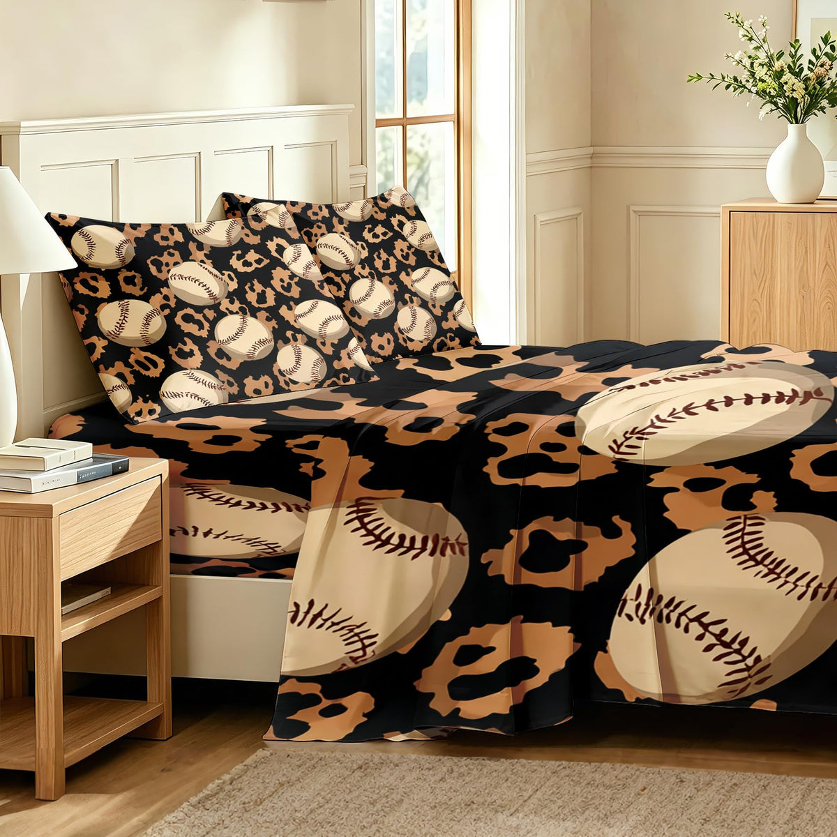 Baseball Queen Sheet Set 4 Pcs Boys Sports Bed Sheets, Black