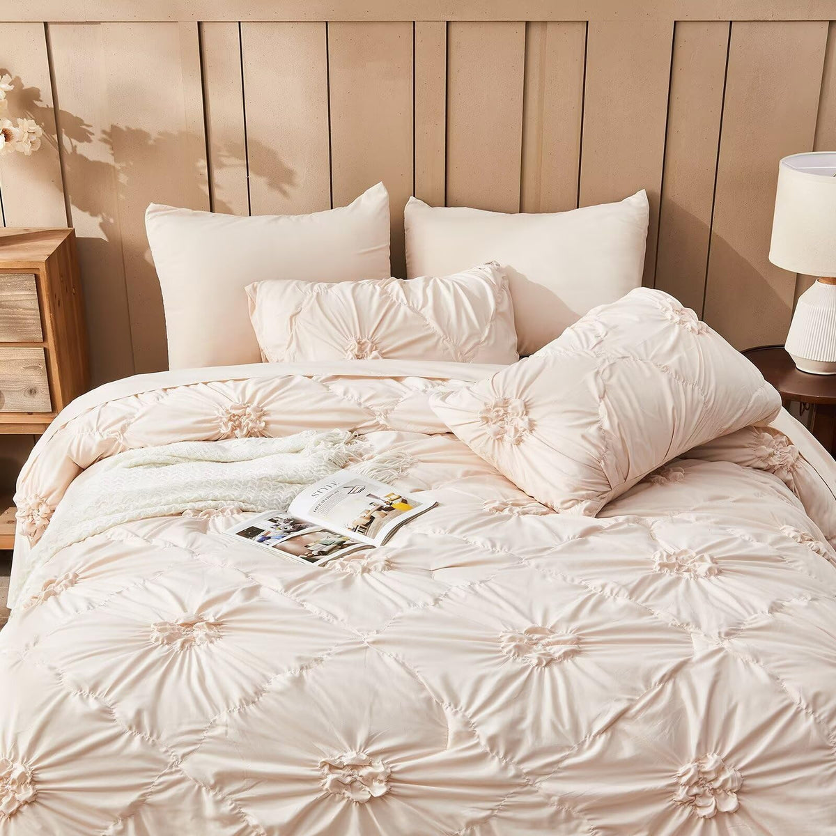 Jameswish Beige Comforter Set Queen Size Bed in A Bag 7 Piece Pinch Pleat Bedding Set, Pintuck Ruched Flowers Bed Set with Comforter, Sheets, Pillowcases & Shams