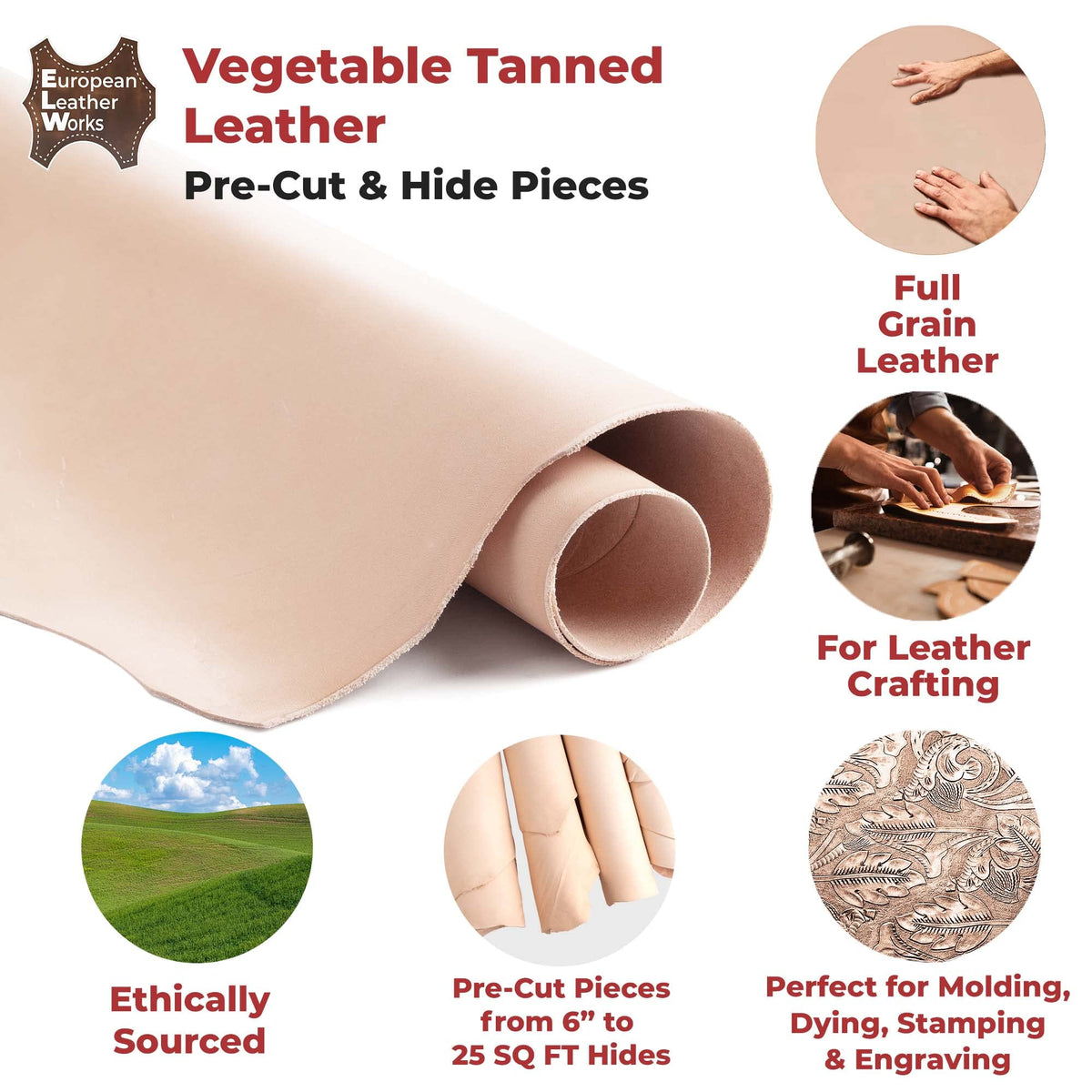 ELW 2-3 oz (1-1.4mm) Thickness Weight 8"x8" Vegetable Tanned Leather Cowhide Grade AB Full Grain Leather for Tooling, Carving, Engraving, Molding, Embossing, Stamping, & Dyeing