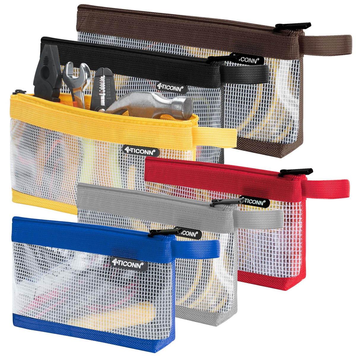 TICONN Tool Pouch, 1680D Oxford Small Tool Bag, Tool Pouches with Zipper, Clear Utility Bag Zipper Pouch for Tool Organizers and Storage (6PK Combo)