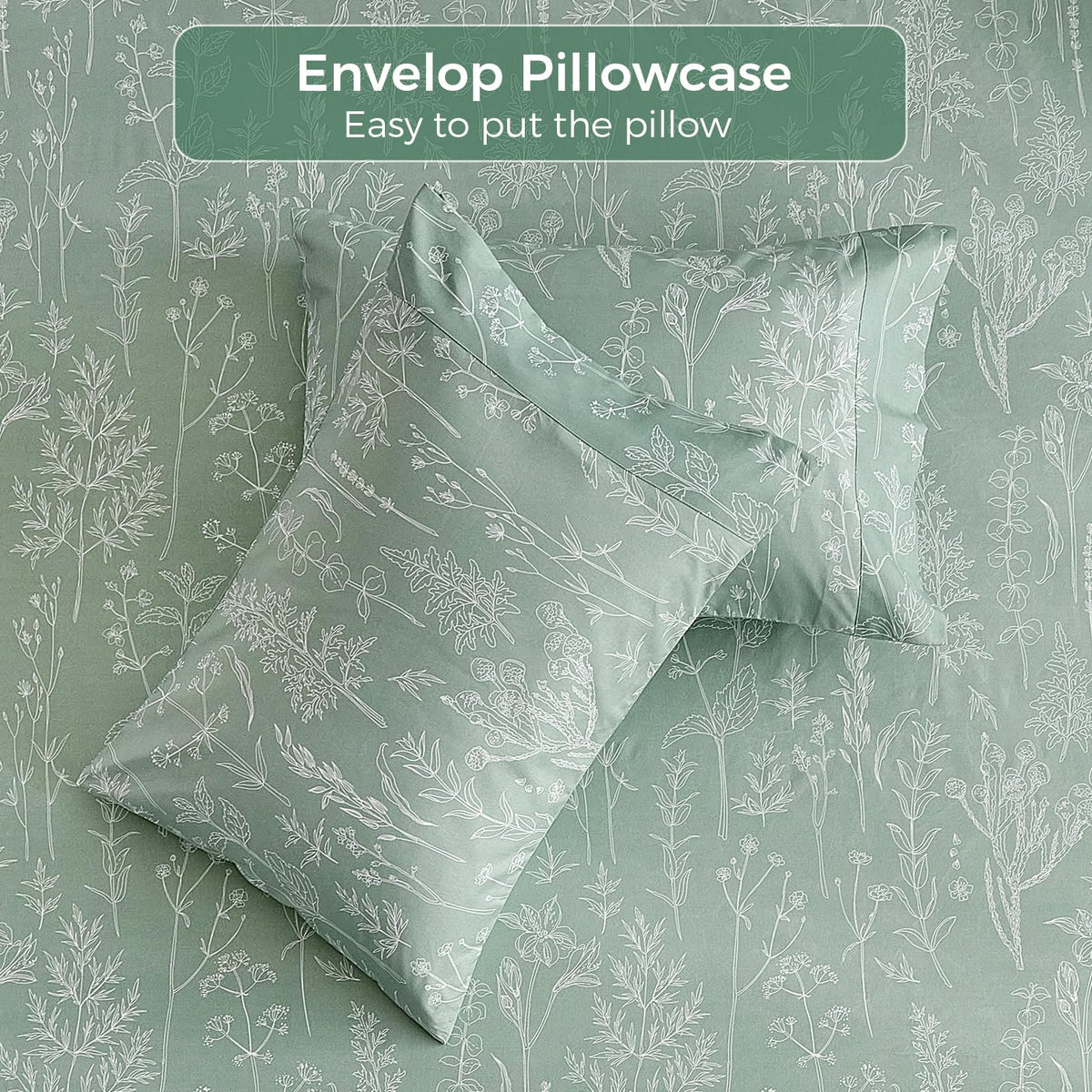 Tokokimo Floral Sheets Set King Size, 16 inches Deep Pocket Fitted Sheet, Flat Sheet & Envelope Closure Pillowcases, Soft Breathable Microfiber Sheet Set 4-Piece, Green and White Leaf Floral