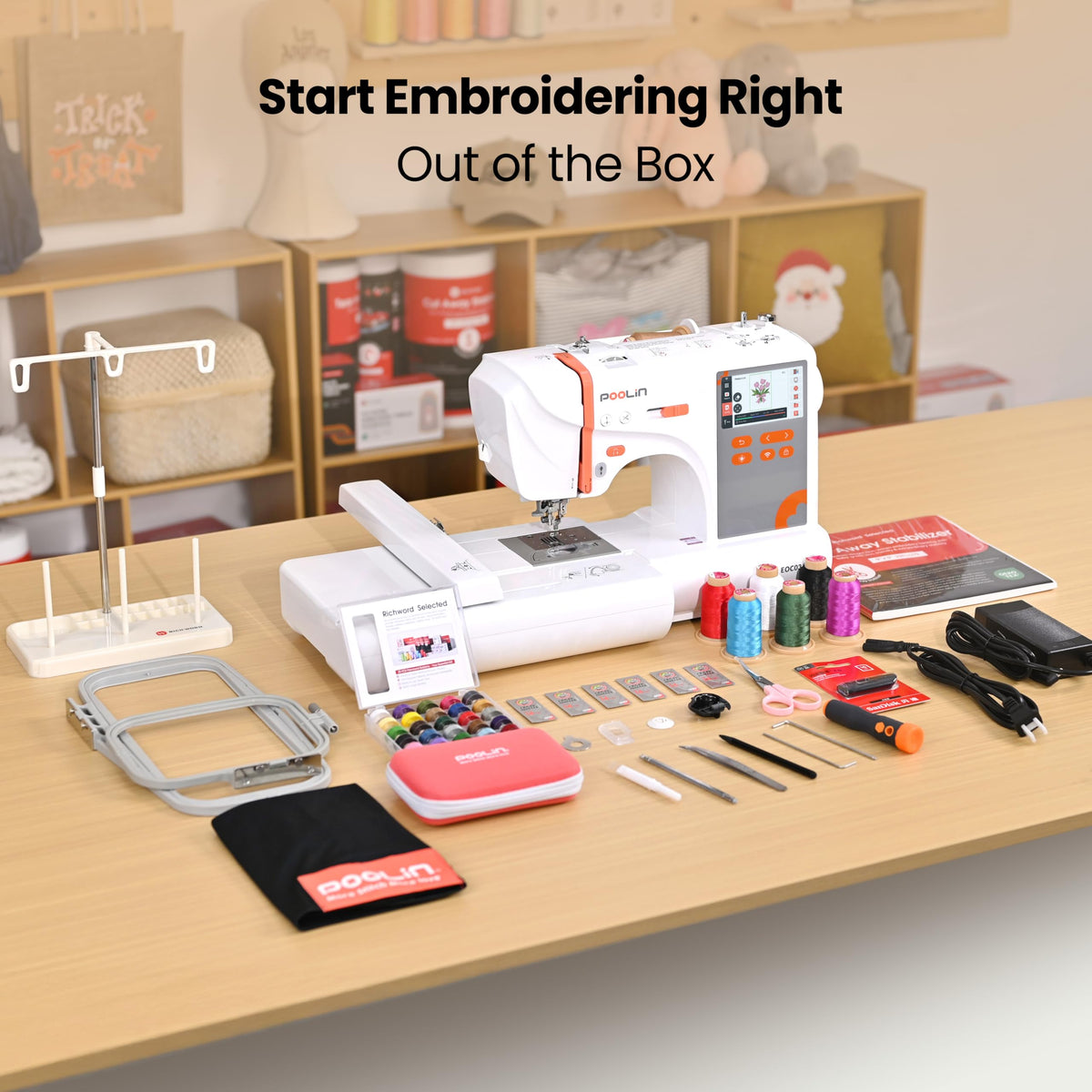 PooLin EOC03 Embroidery Machine 4x4 & 4x9.25 Embroidery Area for Beginners, Easy Operation System, 130 Built-in Designs, 8 Fonts, WiFi Design Transfer, Home DIY Embroidery Machine with Starter Kit