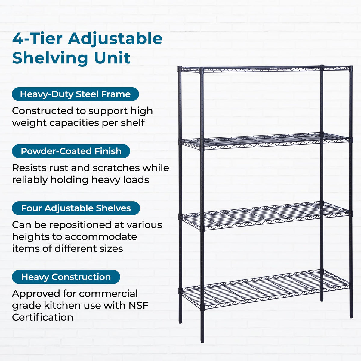 Honey-Can-Do 4-Tier Heavy Duty Extra-Wide Adjustable Shelving Unit, 350-lb Per Shelf Metal Storage Rack, Wire Shelf for Garage Workshop Basement, Black, 48 x 18 x 72 in