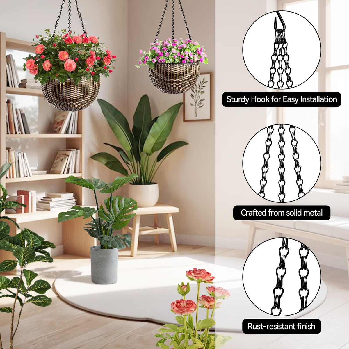 ZeeDix 4 Pack, 16 Inch Hanging Basket Chain with Hooks, Black Metal Planter Flower Pot Chain for Hanging Plants Outside, Adjustable Replacement Chain for Lanterns, Bird Feeders and Flowers