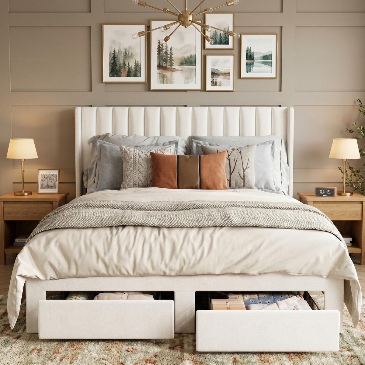 GarveeHome Full Size Bed Frame, Bed Frame Upholstered Platform Bed with Velvet Headboard, Wing Edge Design, 2 Storage Drawers, No Box Spring Needed, Beige