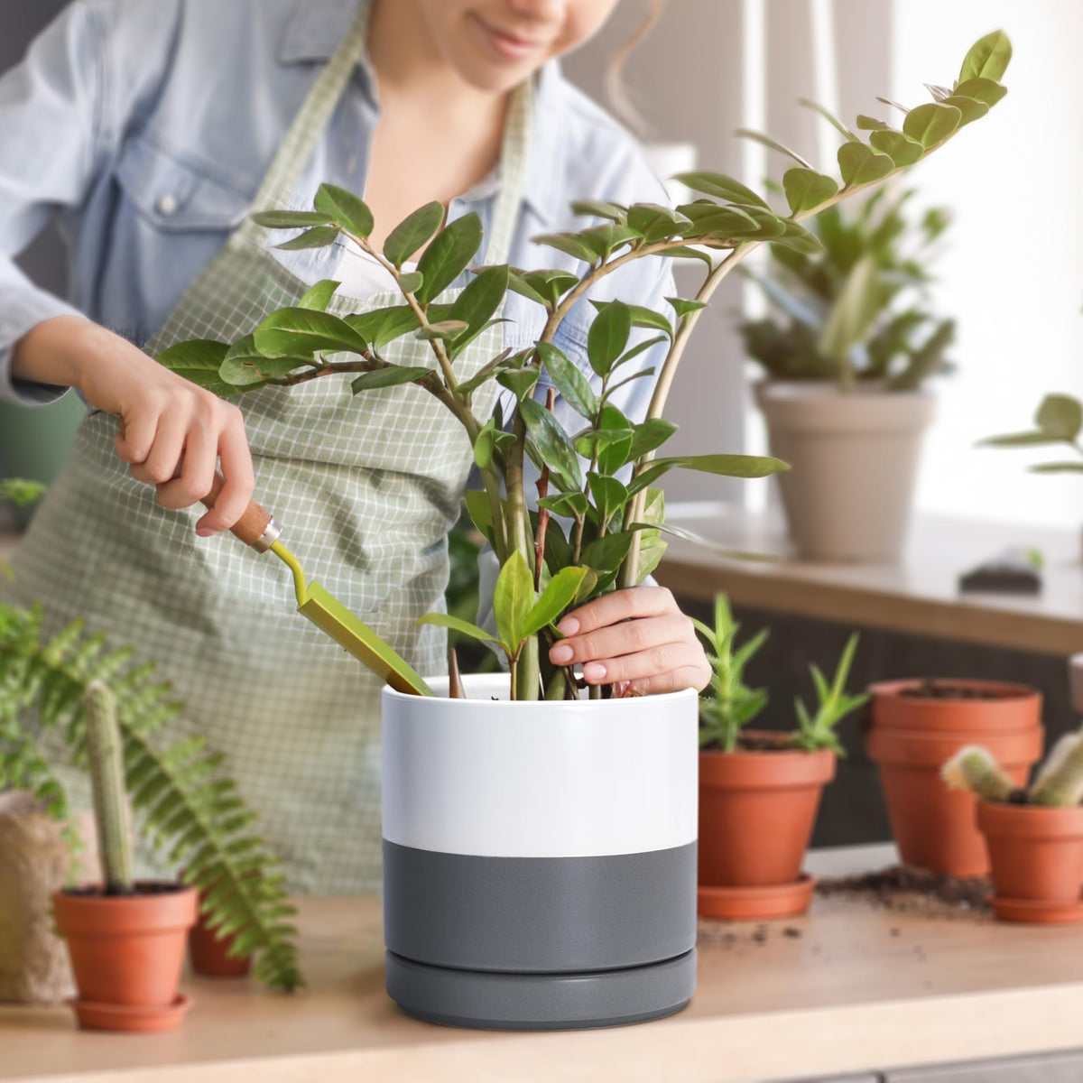 D'vine Dev 4.7 Inch & 6.5 Inch Ceramic Planter Pots for Plants with Drainage Hole and Saucer, Small Plant Pots Set, White/Speckled Grey, 94-G-S-6
