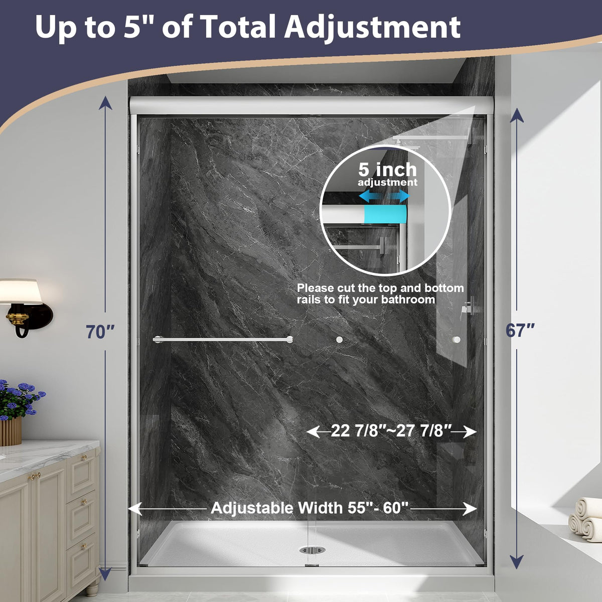 EASYWORC Double Sliding Shower Door, 55"-60" W x 70" H Semi-Frameless Glass Shower Door, 1/4'' (6mm) Clear SGCC Tempered Glass with Explosion-Proof Film and Nano Coating, Brushed Nickel
