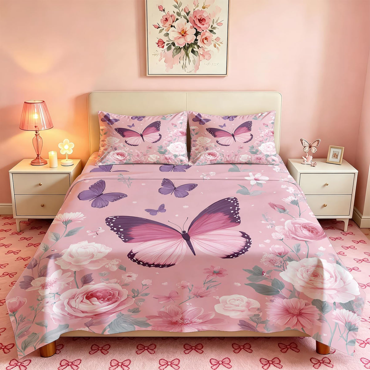 Pink Rose Bedding Set 4 Pcs Girls Butterfly Full Sheets