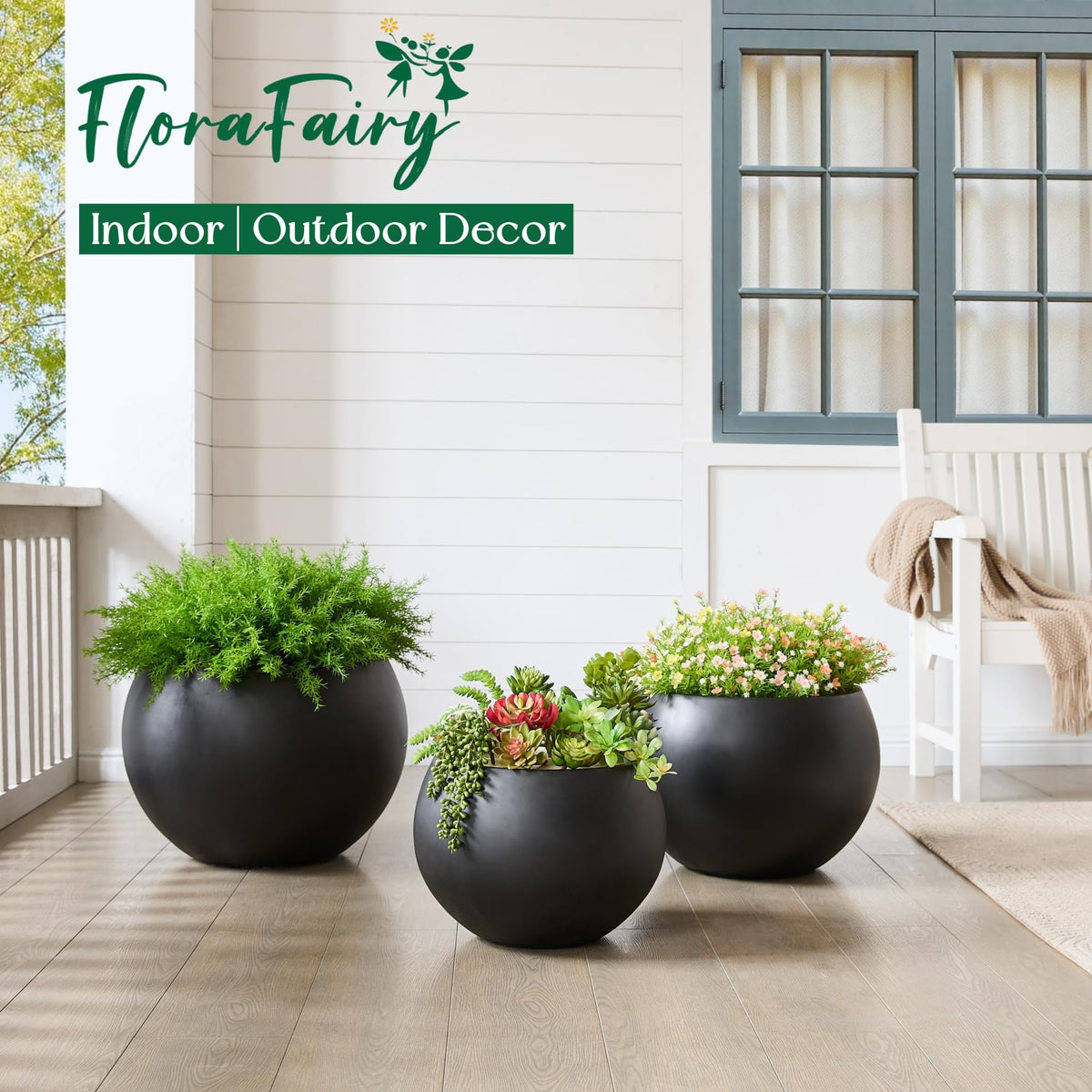 FloraFairy Fiberstone Sphere Planter, Black 19.3" Dia Large Flower Pot with Drainage Hole and Silicone Plug, Round Plant Container for Indoor or Outdoor, 15" Opening-13 H Large