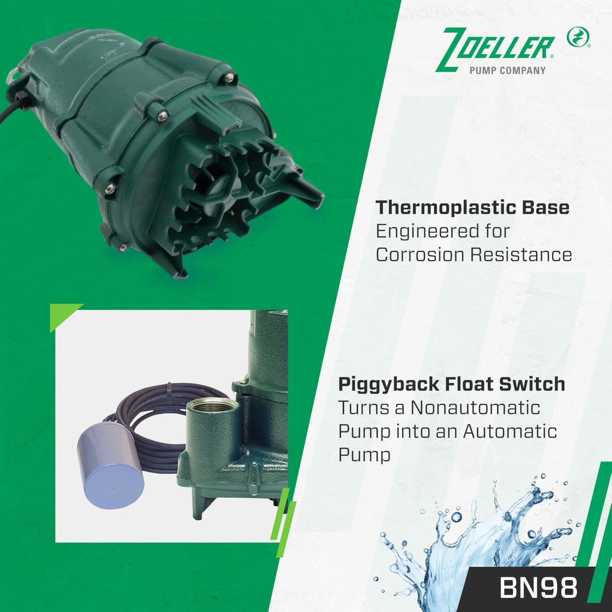 Zoeller BN98 Effluent Pump - ½ HP - Nonautomatic with Piggyback Float Switch- High Flow - Vortex Impeller - Factory Tested - Septic and Basement Sump Pump - 115V