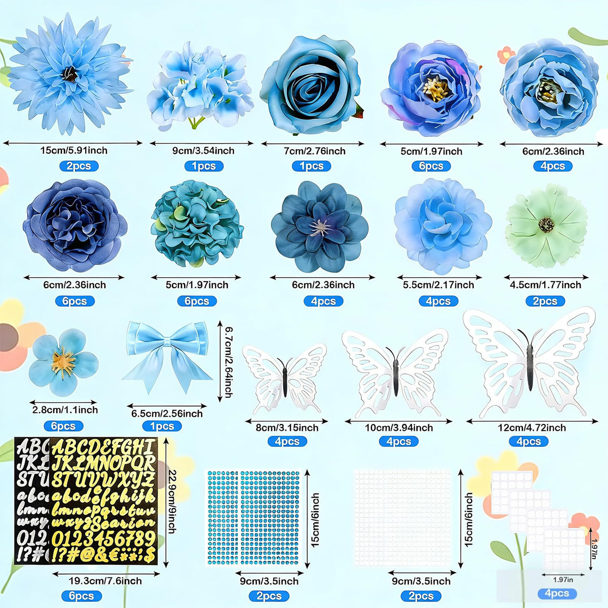 69 Pcs Graduation Cap Decorations Kits, Grad Cap Topper Decorations Included Faux Flowers 3D Butterfly Bow Rhinestones Alphabet Letter Stickers for Graduation Cap Topper DIY Craft Art Decor (Blue)
