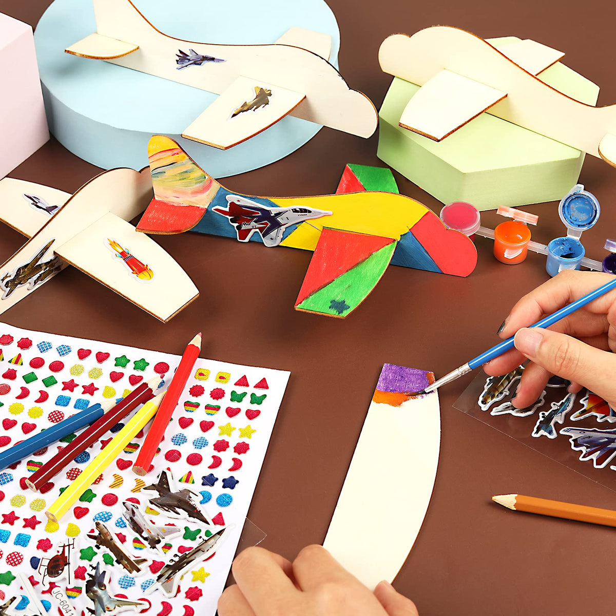 BAPHILE 12 Pack DIY Wood Planes，Mini Airplane Paint and Decorate Wooden Airplane Craft Kits with Decorate Tools for Kids School Craft Decor Projects
