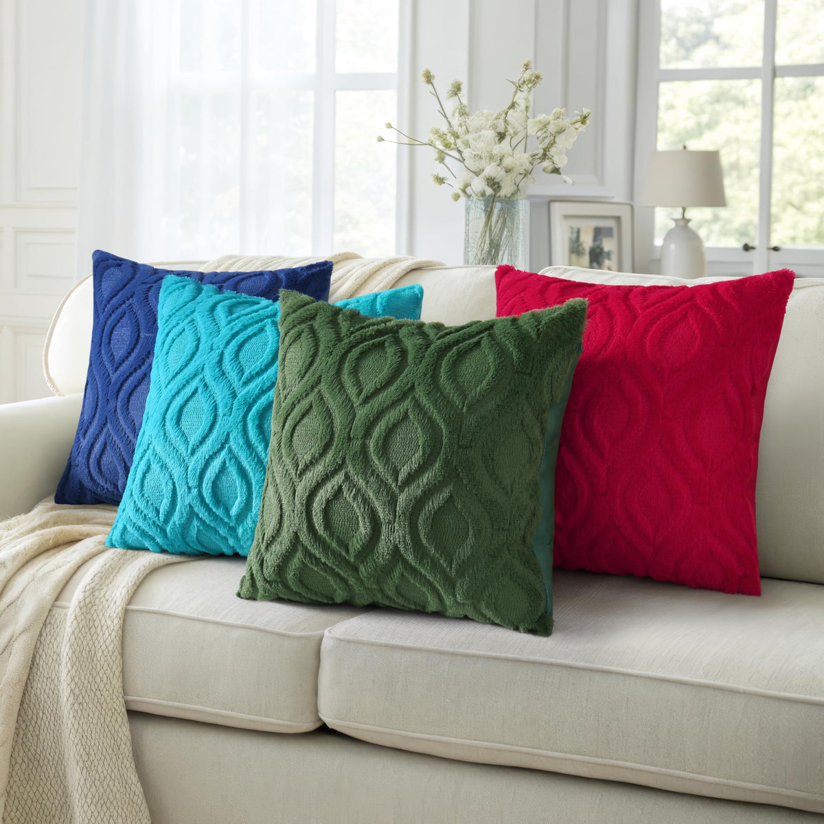 decorUhome Throw Pillow Covers 18x18 Inch Set of 2, Soft Plush Faux Wool Teal Solid Couch Pillow Covers, Accent Farmhouse Neutral Square Pillow Cases for Sofa Bed Living Room