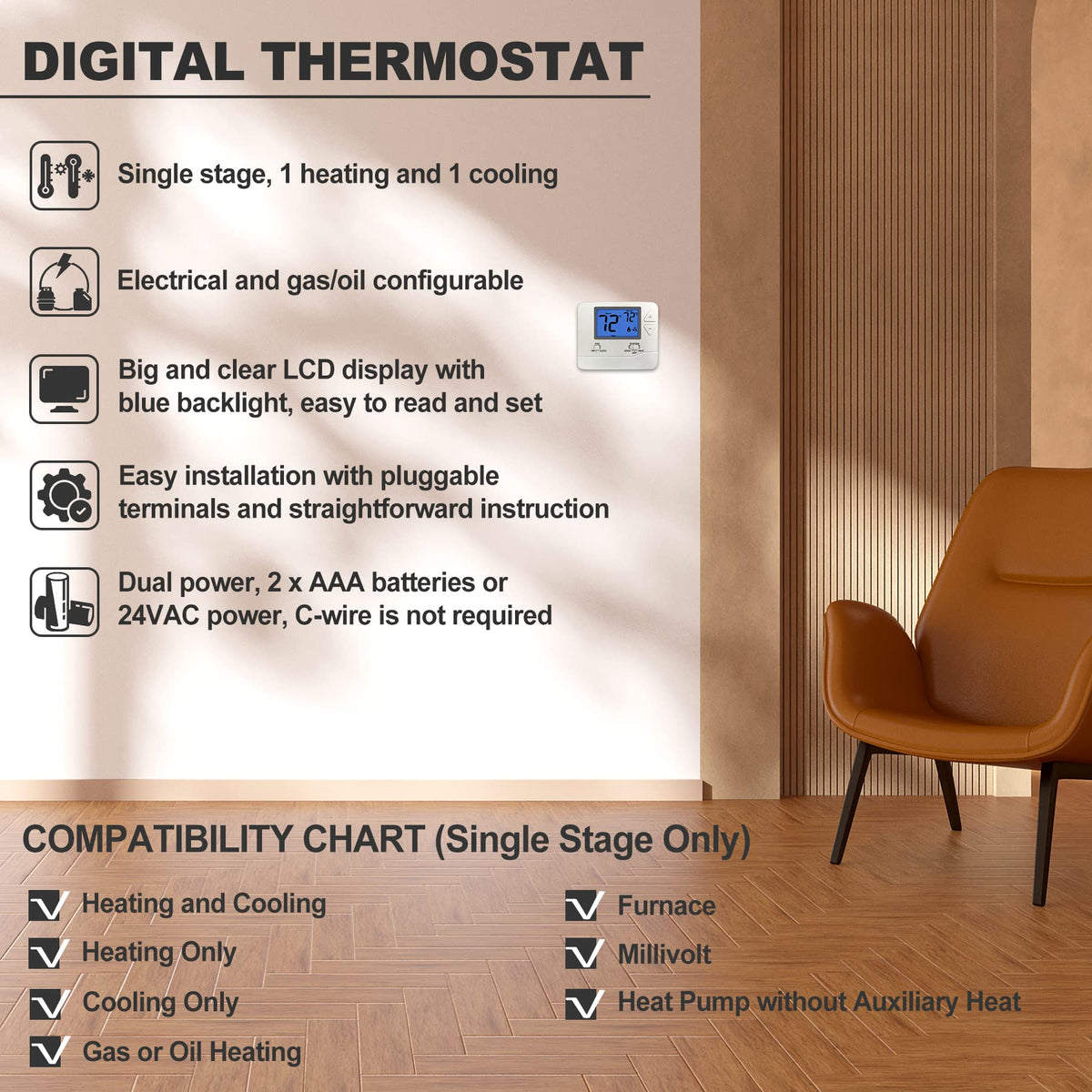 ELECTECK 5 Pack Non-Programmable Digital Thermostat for Home, up to 1 Heat/1 Cool with 4.5 sq. inch Display, Compatible with Single Stage Electrical and Gas/Oil System, White