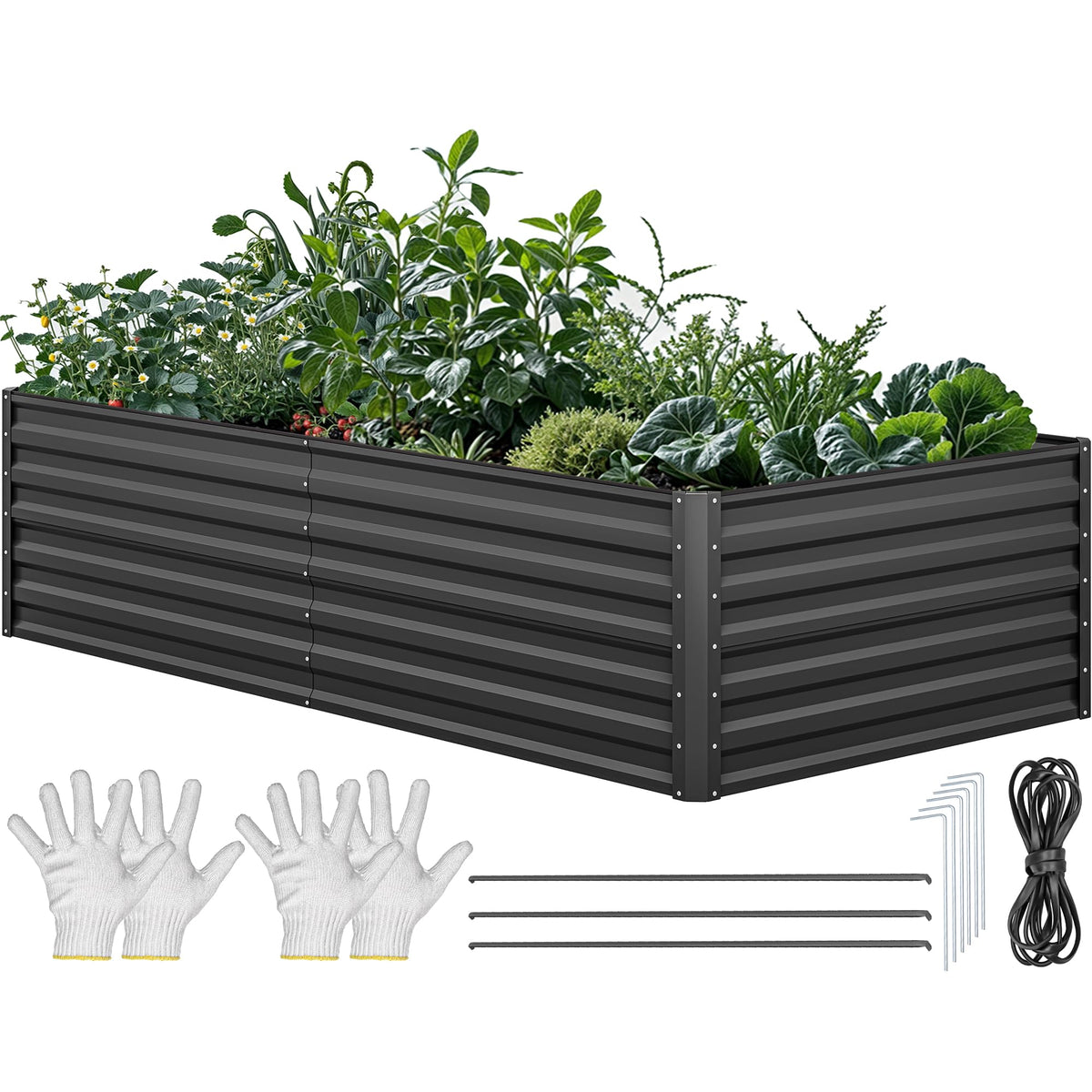 YITAHOME 8x4x2ft Large Raised Garden Bed Kit, Galvanized Metal Planter Box with Gloves, Ground Nails, Support Rod & Safety Rubber, Outdoor Above Ground Planters for Plants Vegetables Flowers, Black