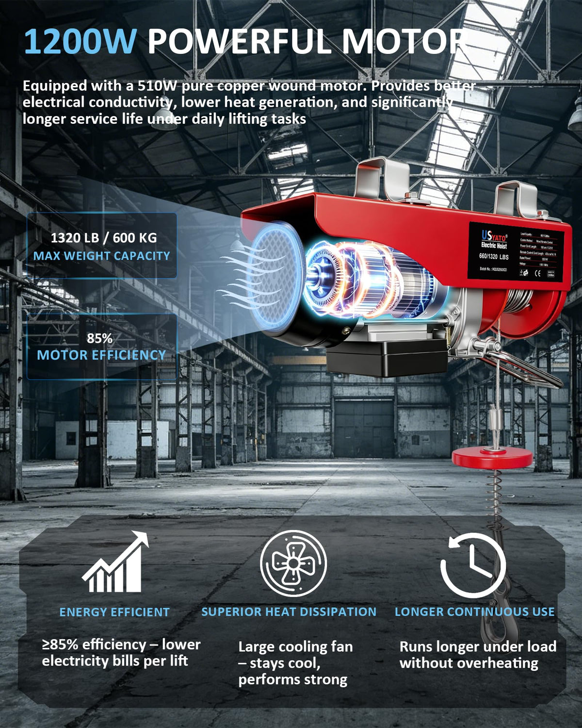 USYATO 1320 lbs Electric Hoist with 14.1 ft Wired Control,110V Electric Winch with Emergency Stop Switch,Zinc-Plated Steel Wire Hoist,Material Handling Tool for Warehouse,Garage,Factory,Attic